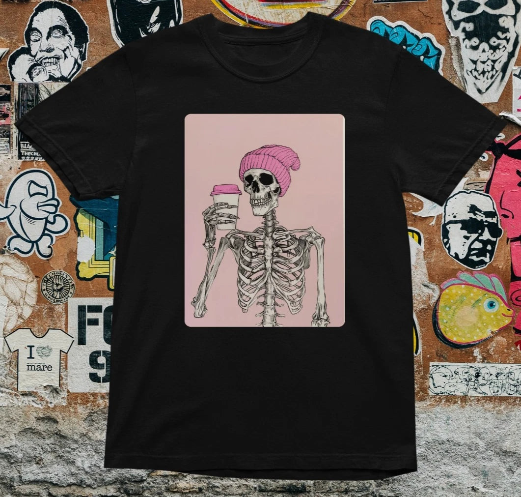 Hipster Skeleton Coffee T Shirt – Funny Goth Pastel Aesthetic Tee – Pink Beanie
