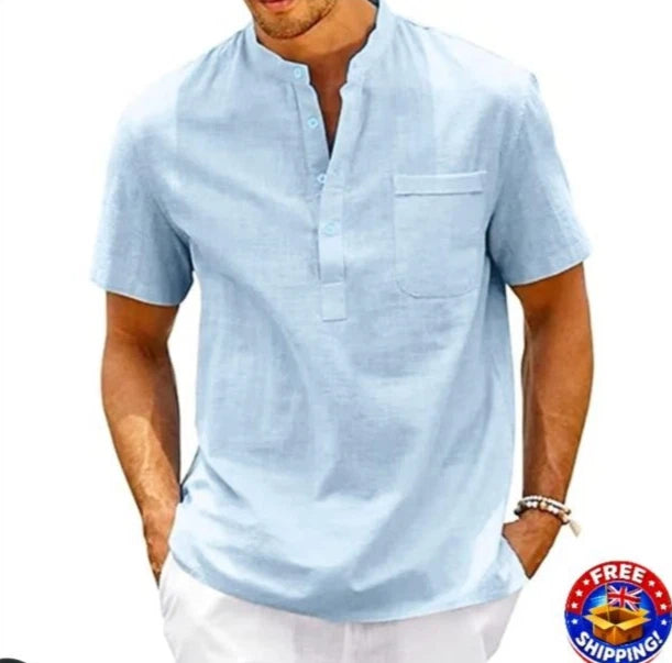 Men's Cotton Linen Shirt - Henley Neck Short Sleeve Pocket Casual Beach Top