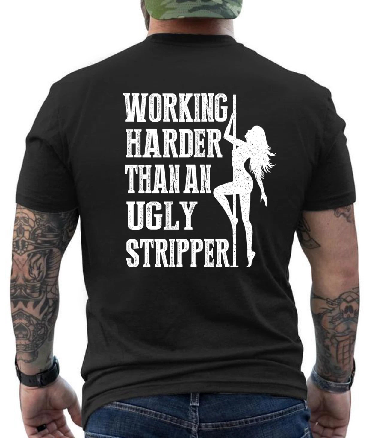 Working Harder Then A Ugly Stripper Logo  Funny Biker Graphic Design T-Shirt
