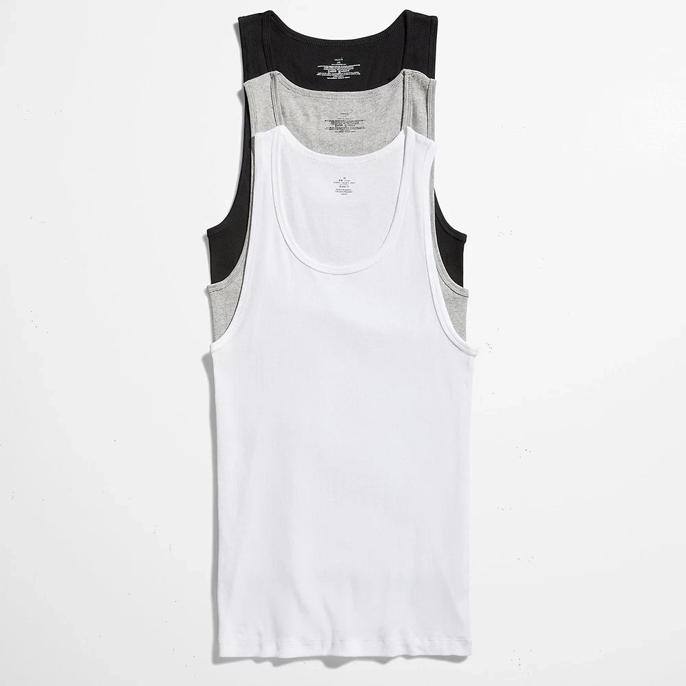 3 Pc Men 100% Cotton A-Shirt Tank Top Ribbed Undershirt Wife Beater Black White