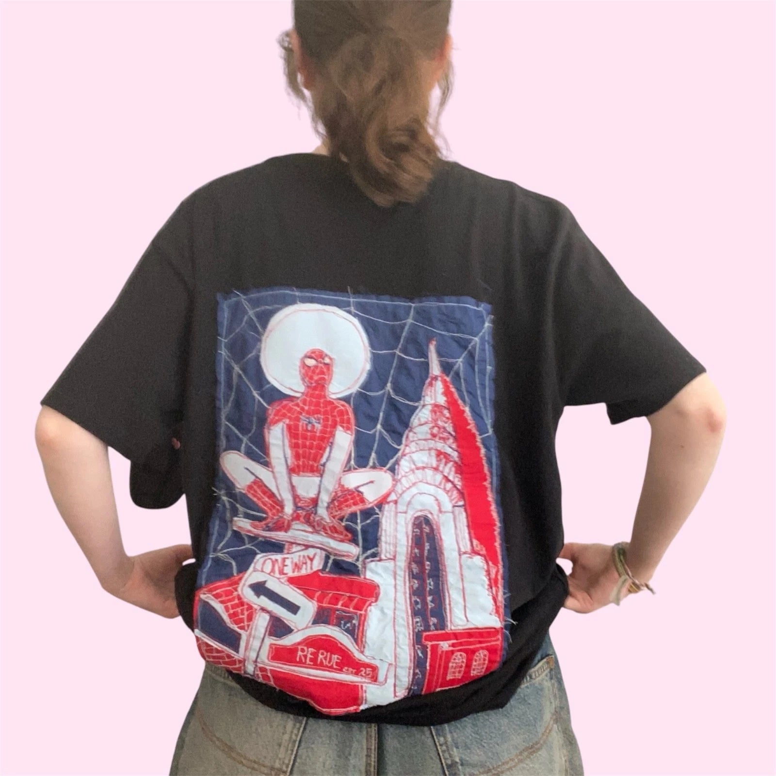 black spiderman graphic appliqued patchwork t-shirt