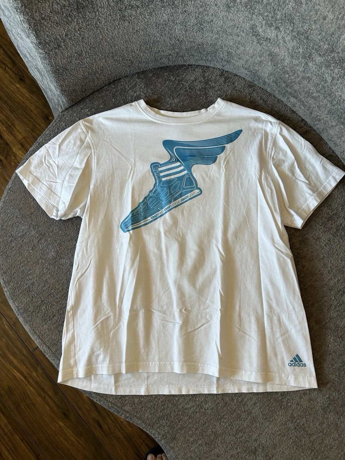Adidas Graphic T Shirt Mens XL White Blue Winged Shoe Logo Casual Tee