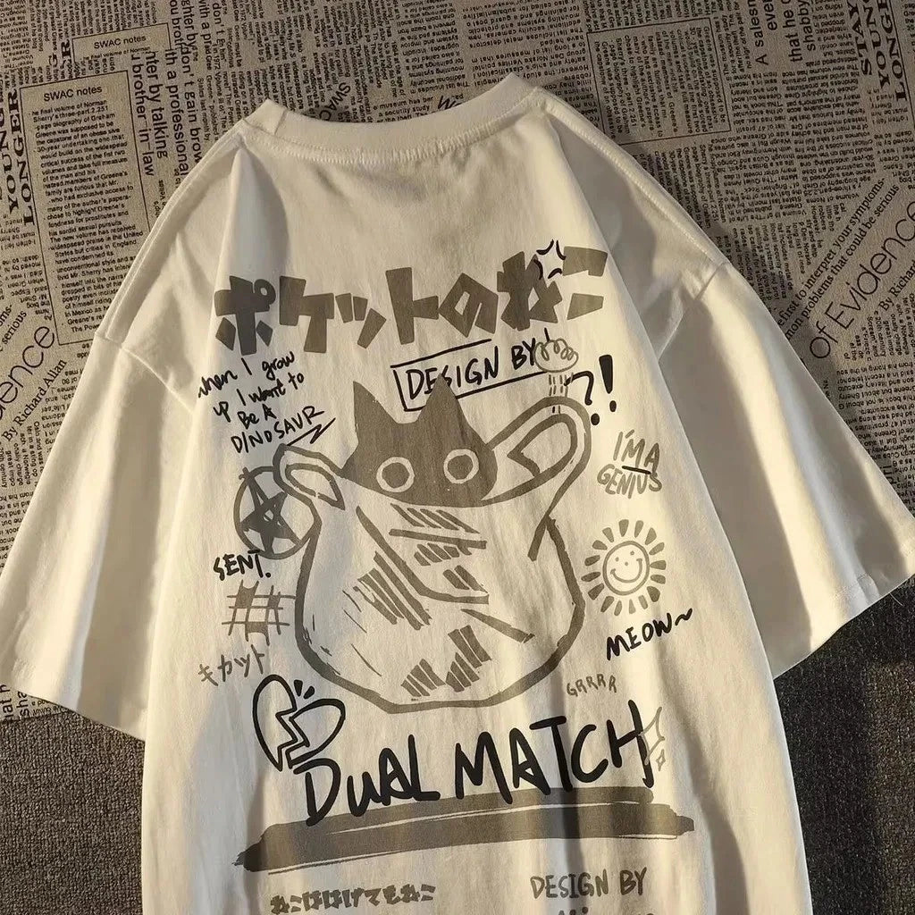 Japanese Retro Cat Print T-Shirt Oversized Unisex Summer Cartoon Pocket Tee Top
