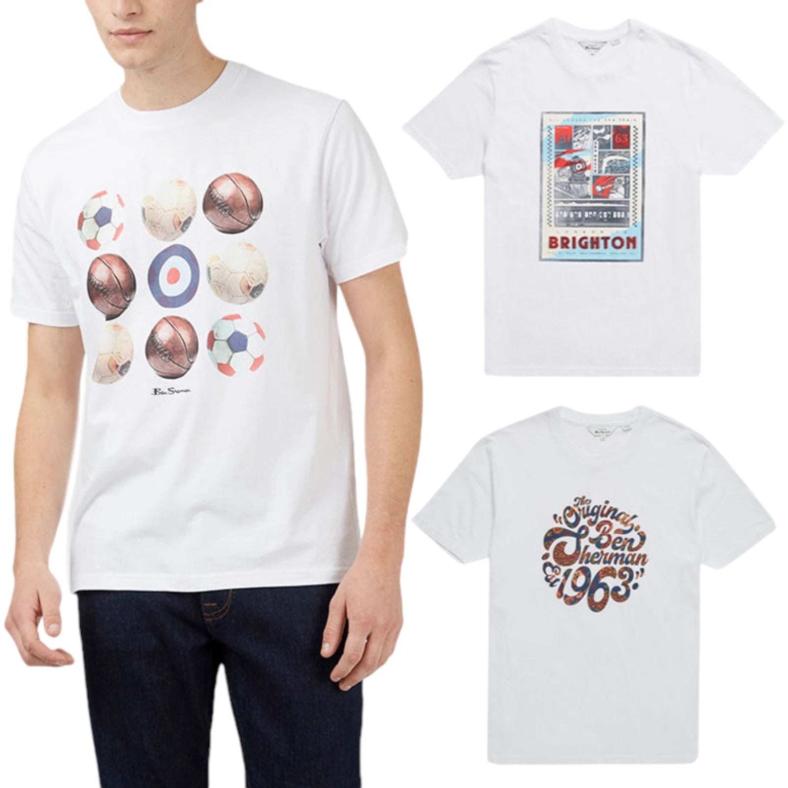 BEN SHERMAN Mens T Shirts Crew Neck Regular Fit Casual Cotton Printed Tee White