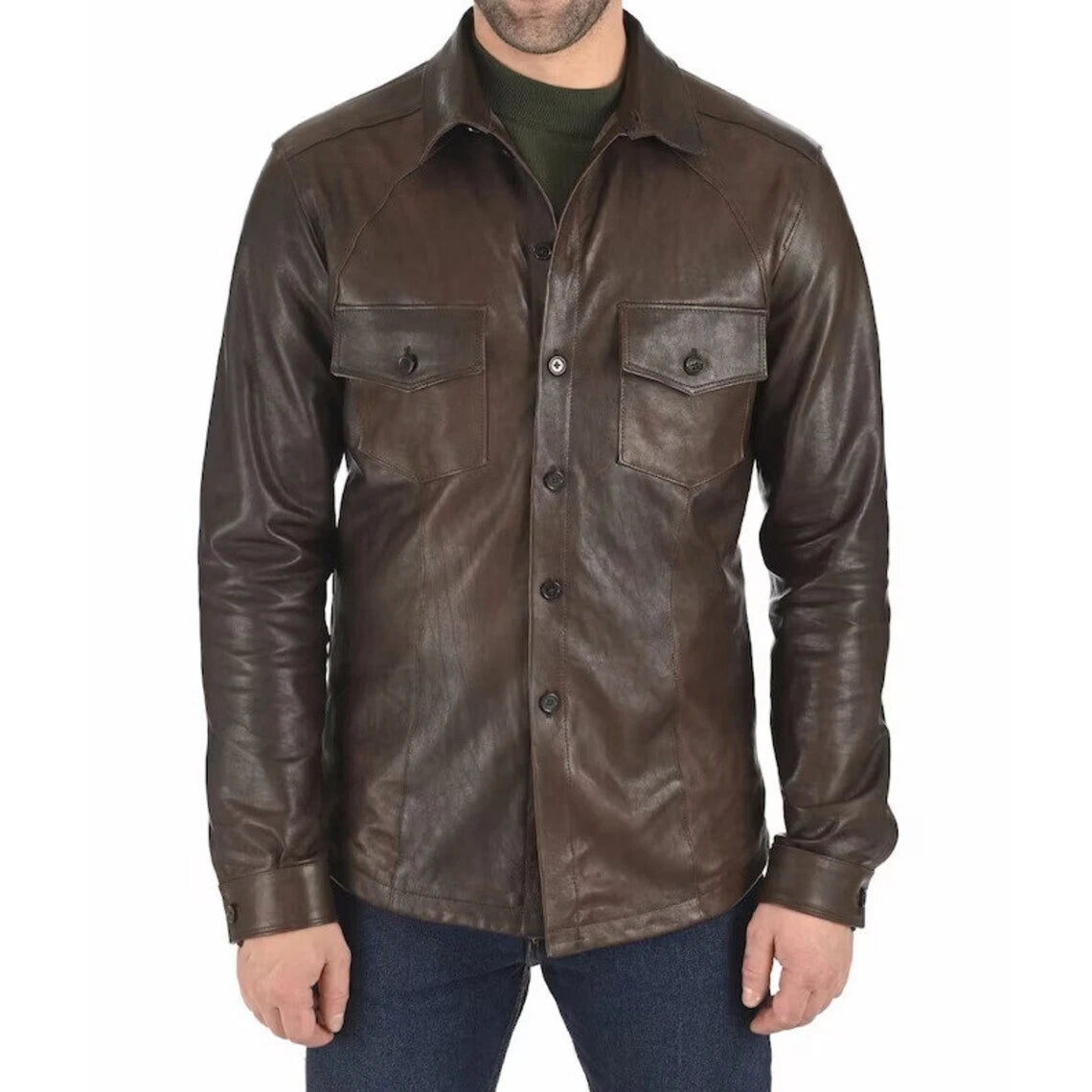 ELEGANT New Men's Brown Leather Shirt 100% Pure Sheepskin Style Slim Fit shirt