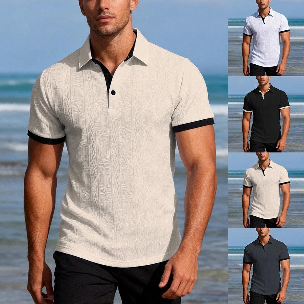 Jacquard Short Sleeve T-Shirt for Men Slim Fit Button Collar Casual Style