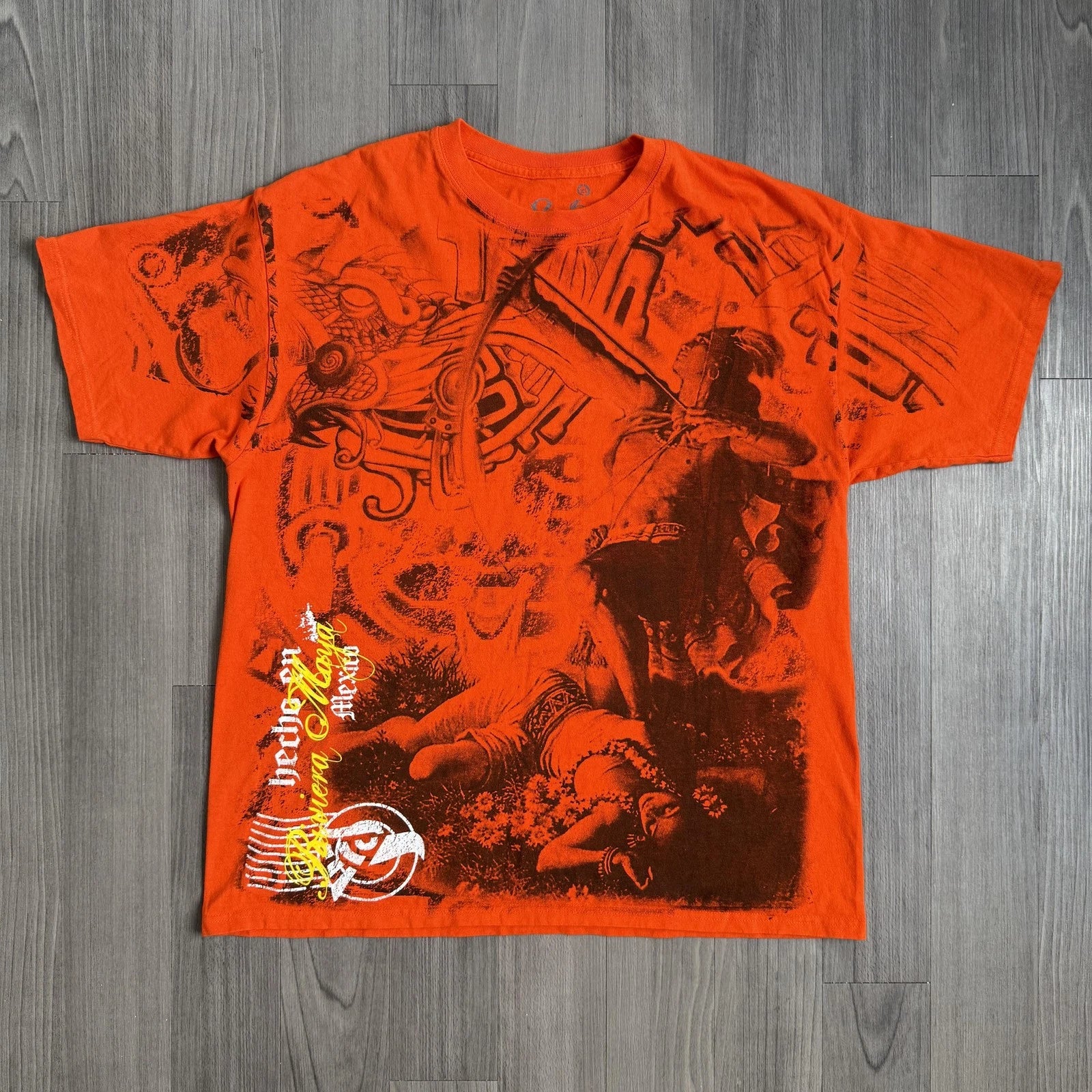 Sacbe Shirt Mens XL Orange Aztec Warrior Graphic Mexico Tee Cotton Allover
