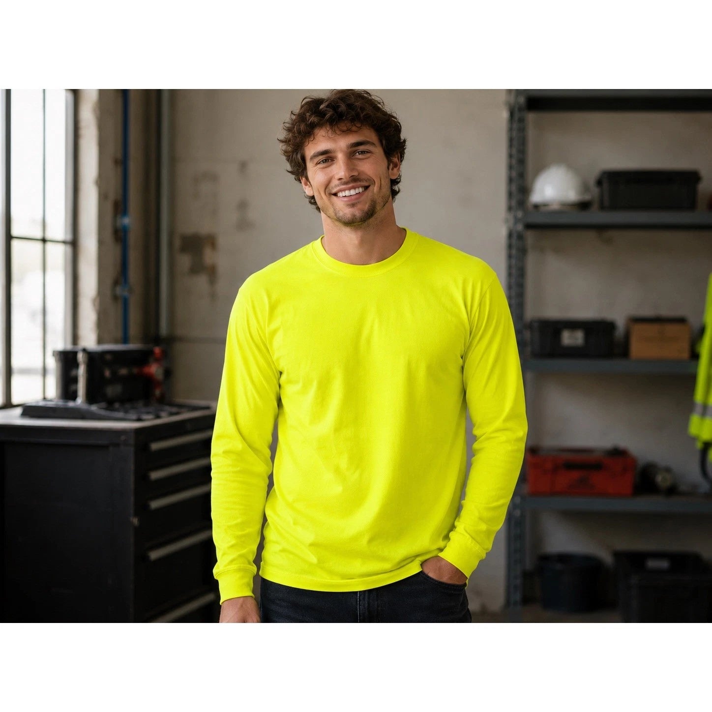 Royal Avalon Home Long Sleeve T-Shirt Mens L Neon Safety Green Cotton Crewneck