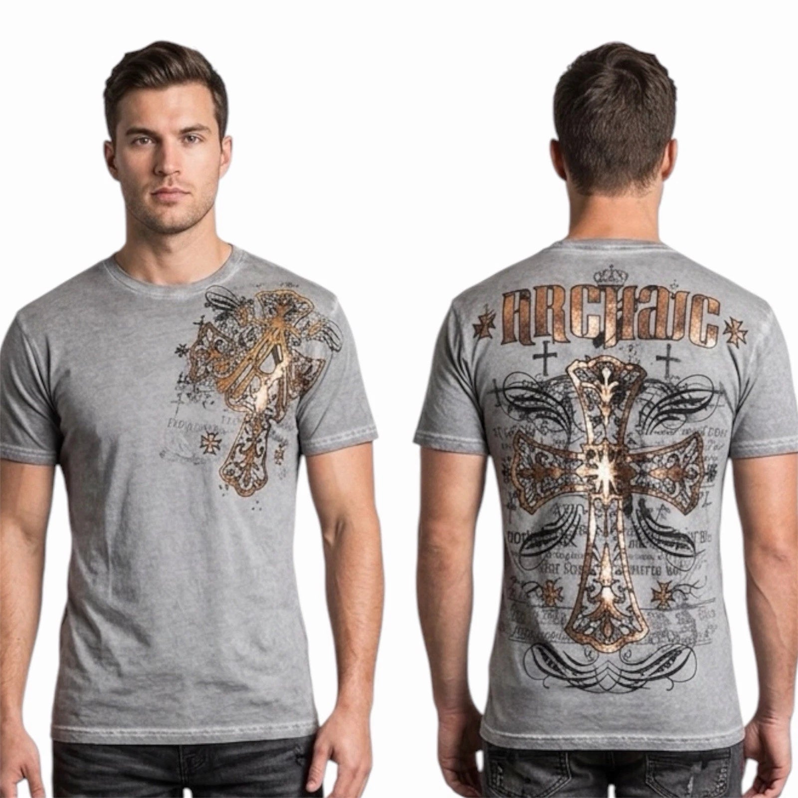 ARCHAIC by AFFLICTION Grey Oil Stain OTLEY Short Sleeve Slim Fit Y2K T-shirt NWT