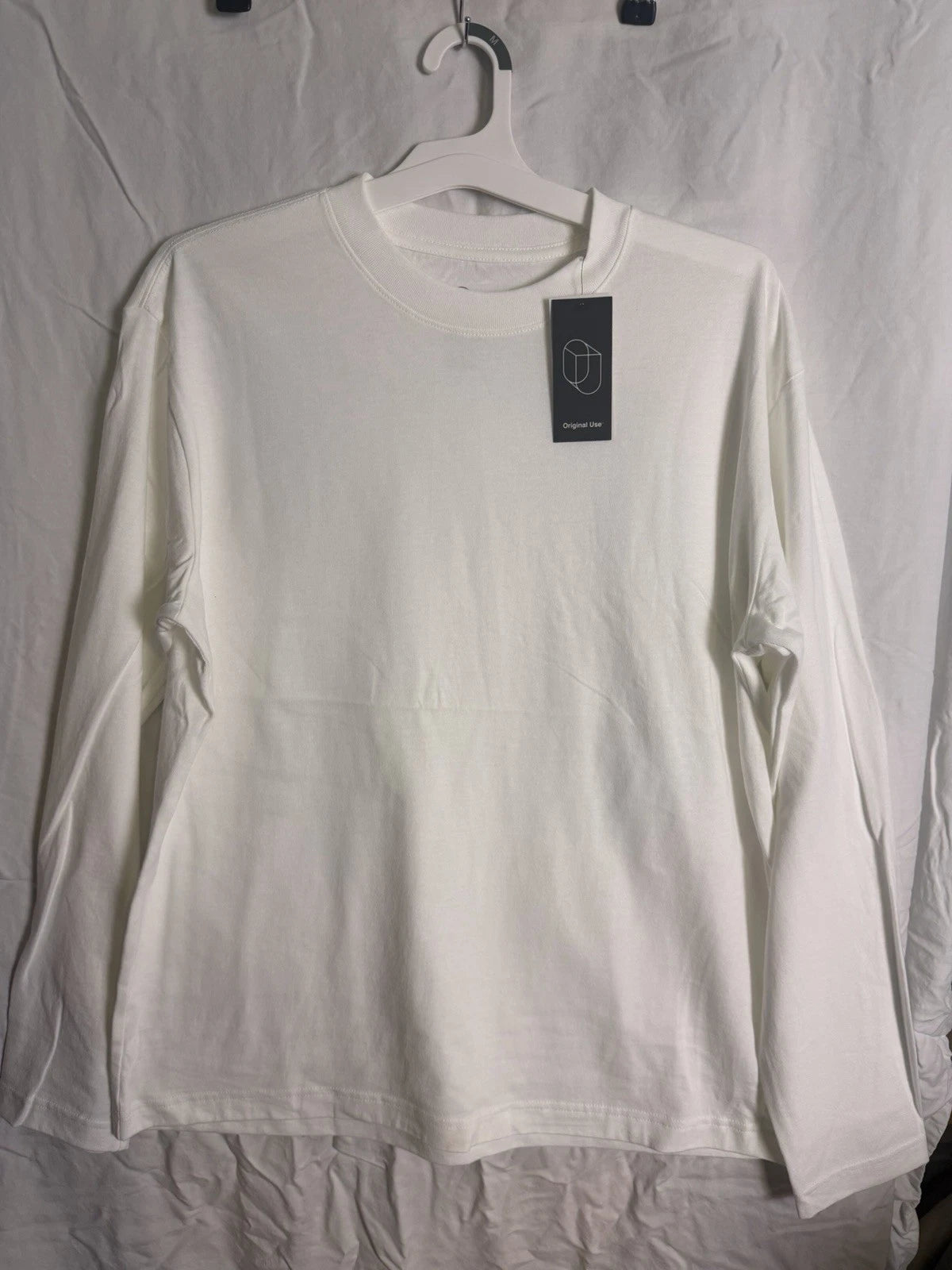 Original Use Casual Long Sleeve Cotton Crew Neck Mens T-Shirt White Size M