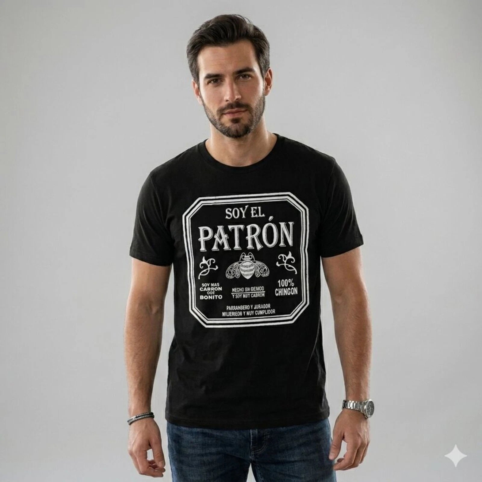 Men Graphic T-Shirt Soy El Patron Casual Streetwear Black Size L