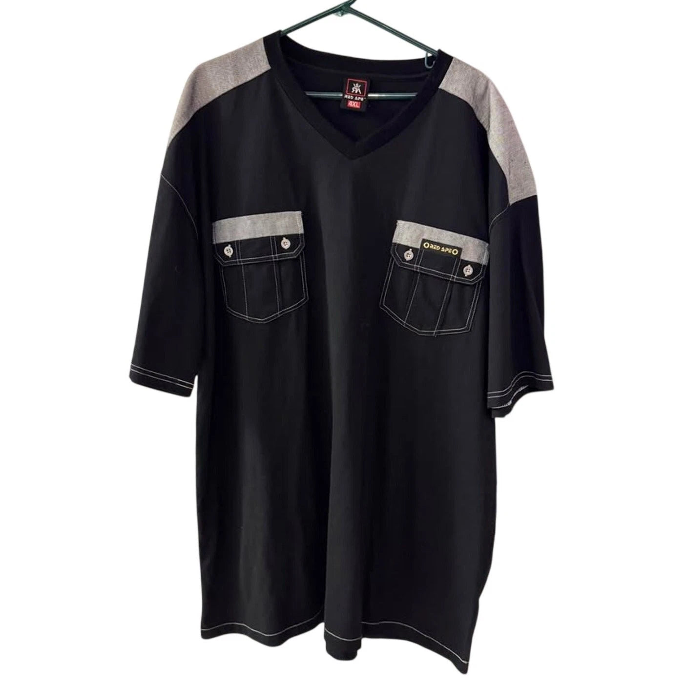 Red Ape Men’s 4XL Black V-Neck Utility Pocket Shirt NWT Y2K Streetwear