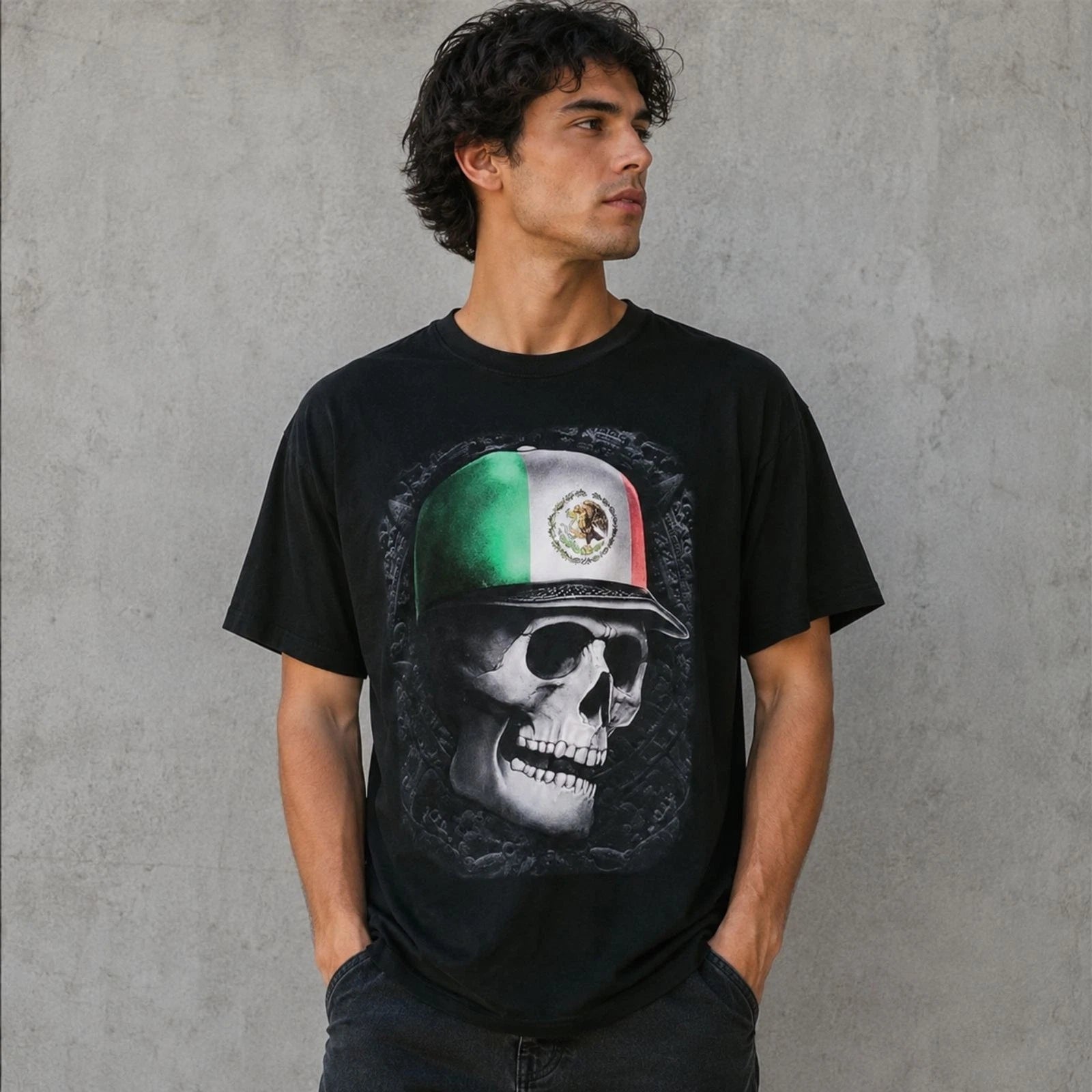 Men Skull Graphic T Shirt Mexican Flag Casual Streetwear Black Size L