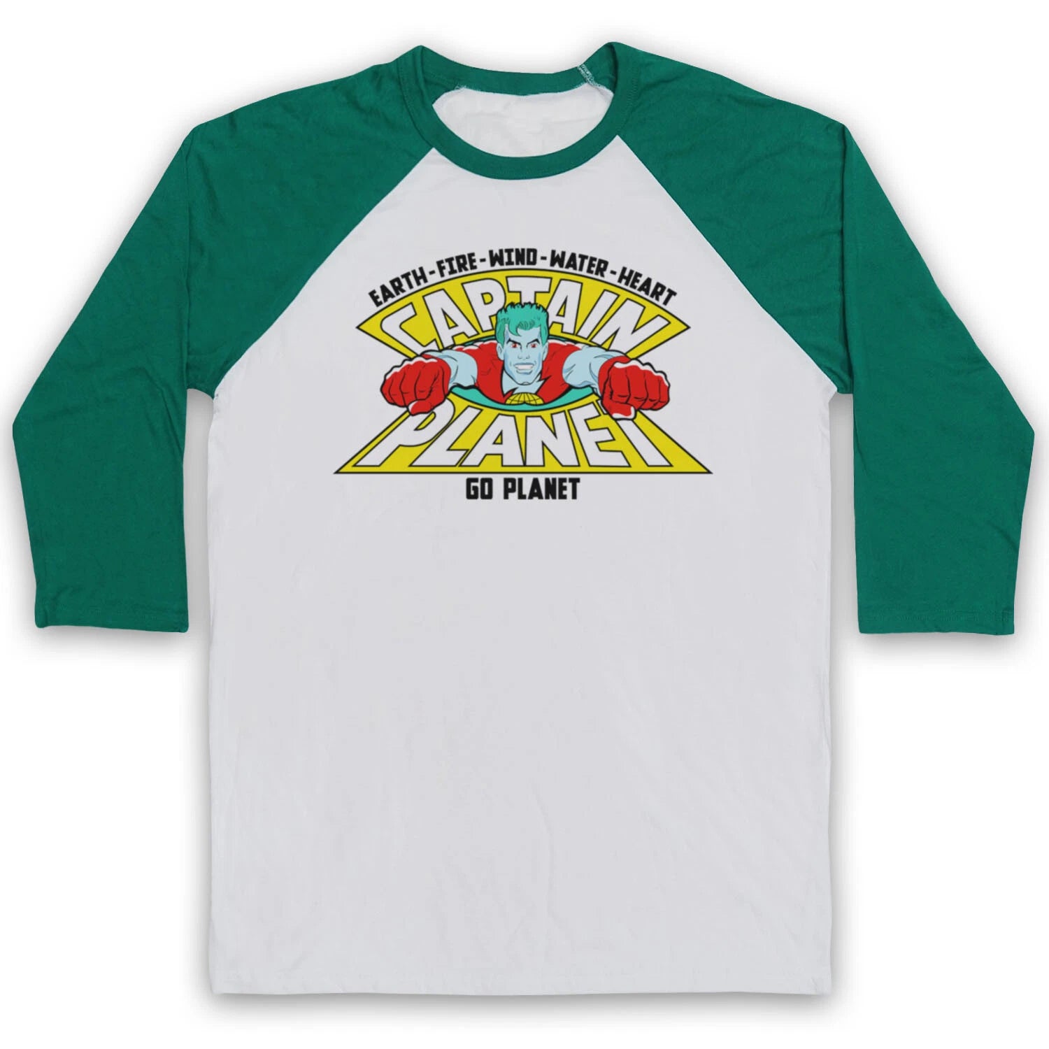 CAPTAIN PLANET EARTH FIRE WIND WATER HEART KIDS TV 90'S 3/4 SLEEVE BASEBALL TEE