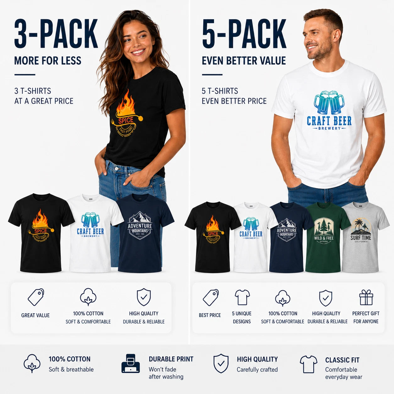 Custom Company T-Shirt 100% Cotton Logo Print Workwear 3 or 5 Pack