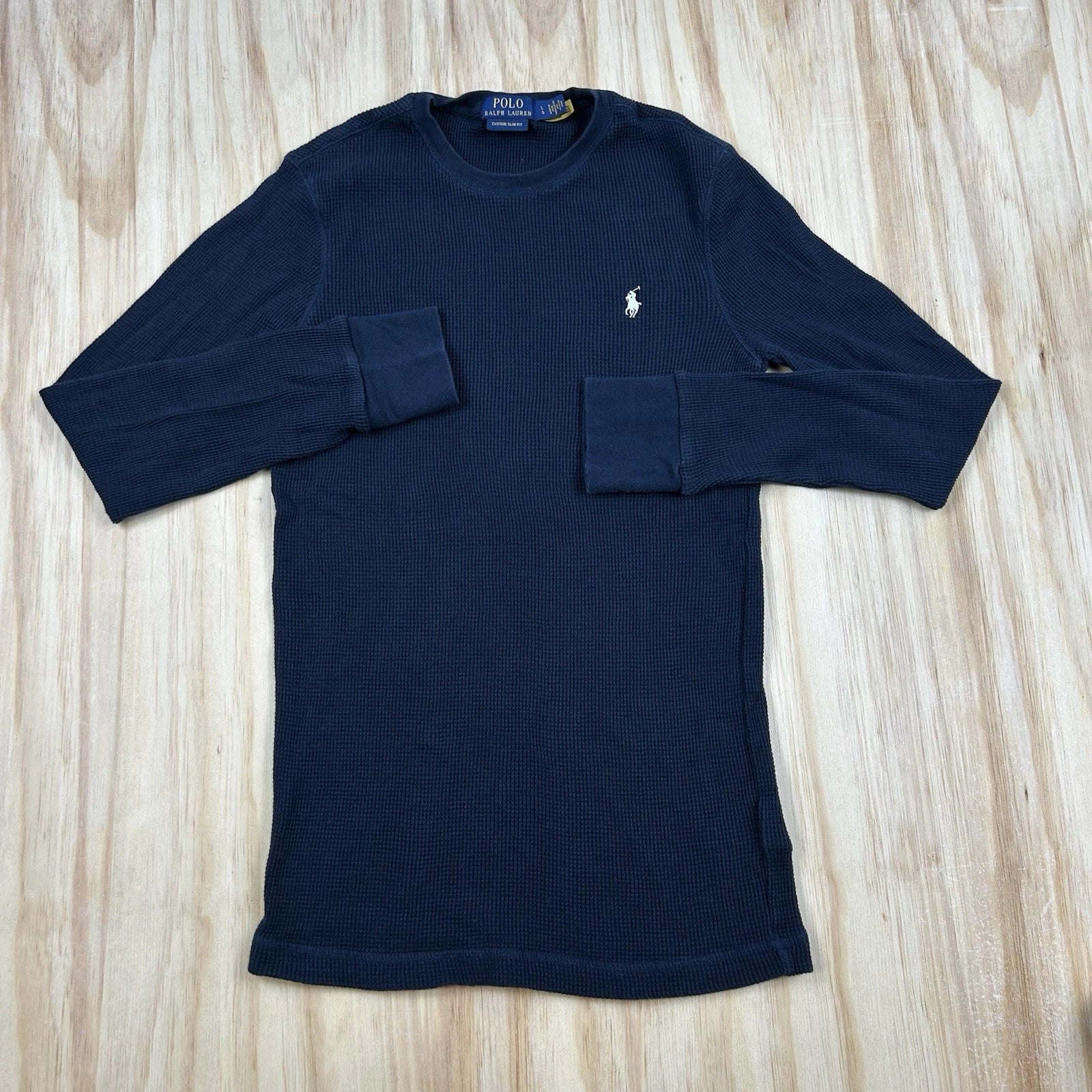 Polo Ralph Lauren Thermal Shirt Mens Large Slim Fit Navy Blue Waffle Knit