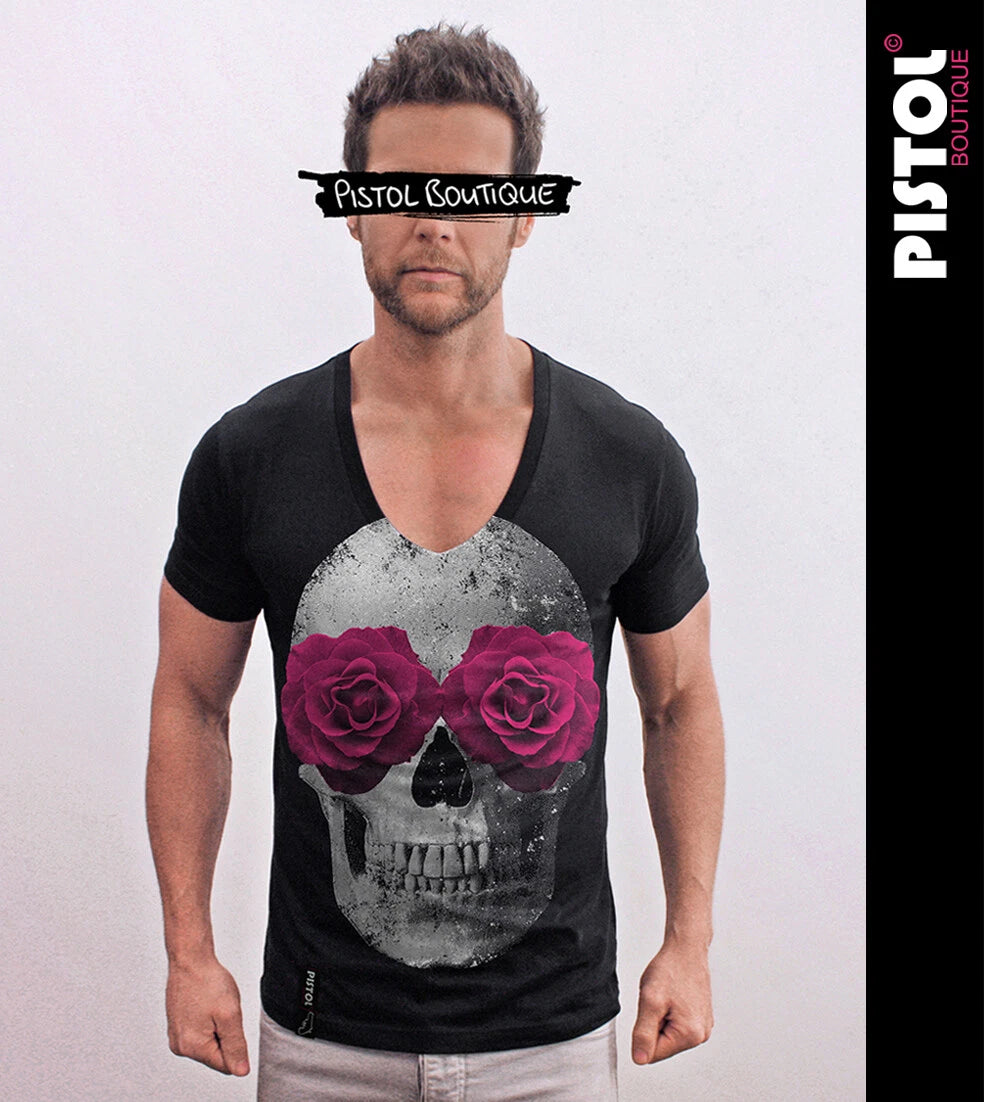 Pistol Boutique Men's Fitted Black Deep V neck SKULL ROSE EYES Flowers T-shirt