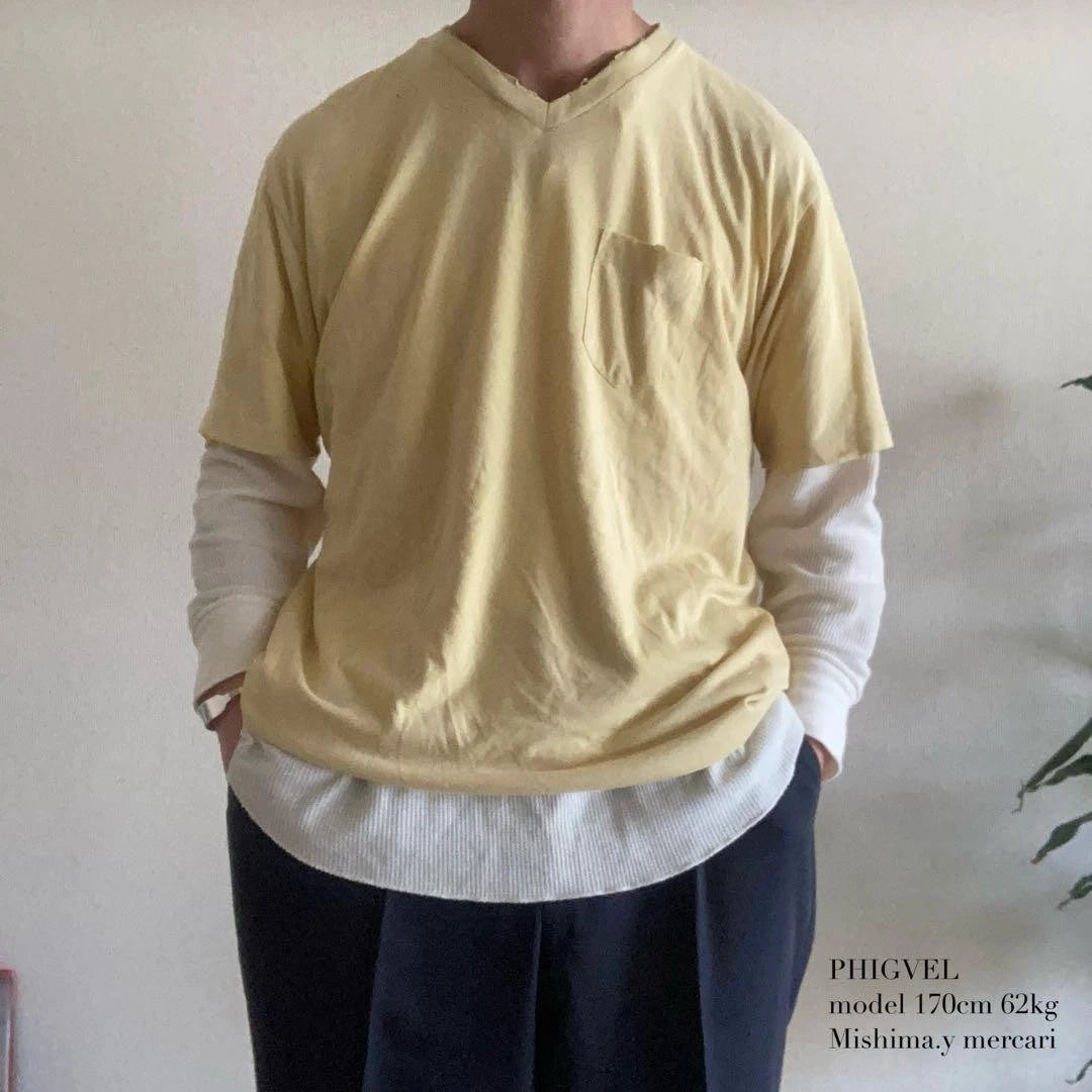 PHIGVEL V-Neck Pocket T-Shirt Fade Yellow Size L - Distressed