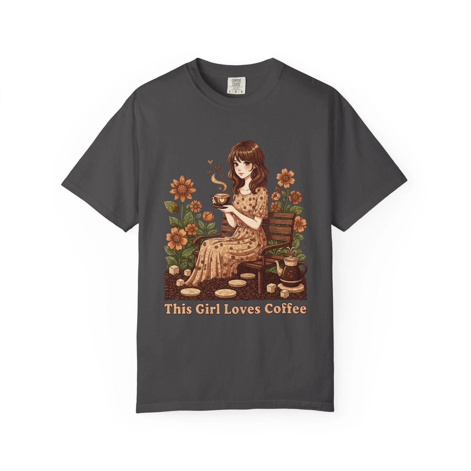 Cute Anime Girl Coffee T-Shirt – “This Girl Loves Coffee” Garden Aesthetic Tee