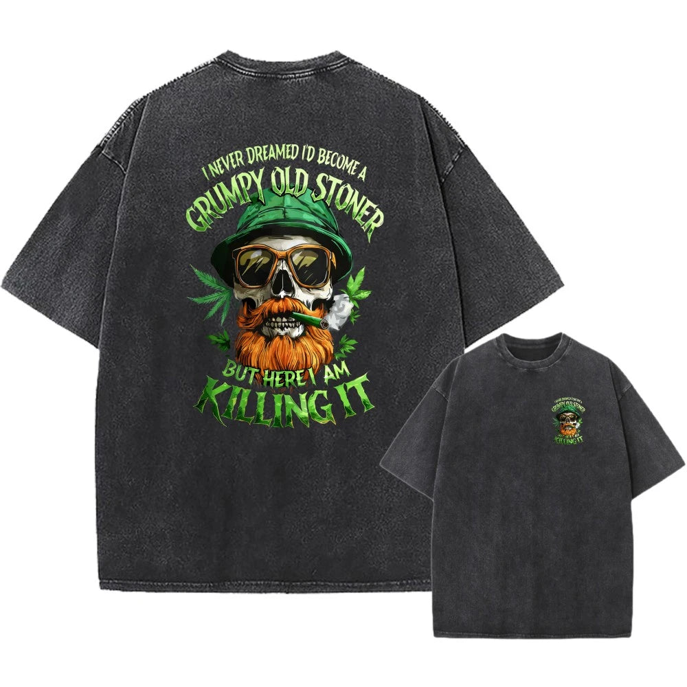 Vintage Oversized Washed Tee,Skull Grumpy Old Stoner Print Unisex Casual T-Shirt