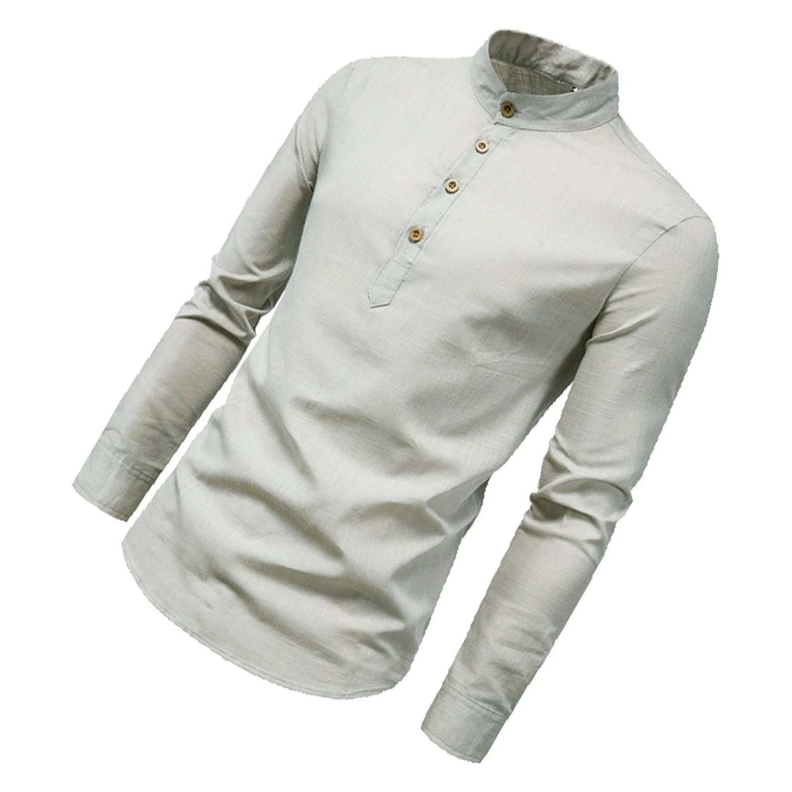 Men Dress Shirt Grey Slim Fit Stand Collar Pure Color Elegant Soft Men Henley^