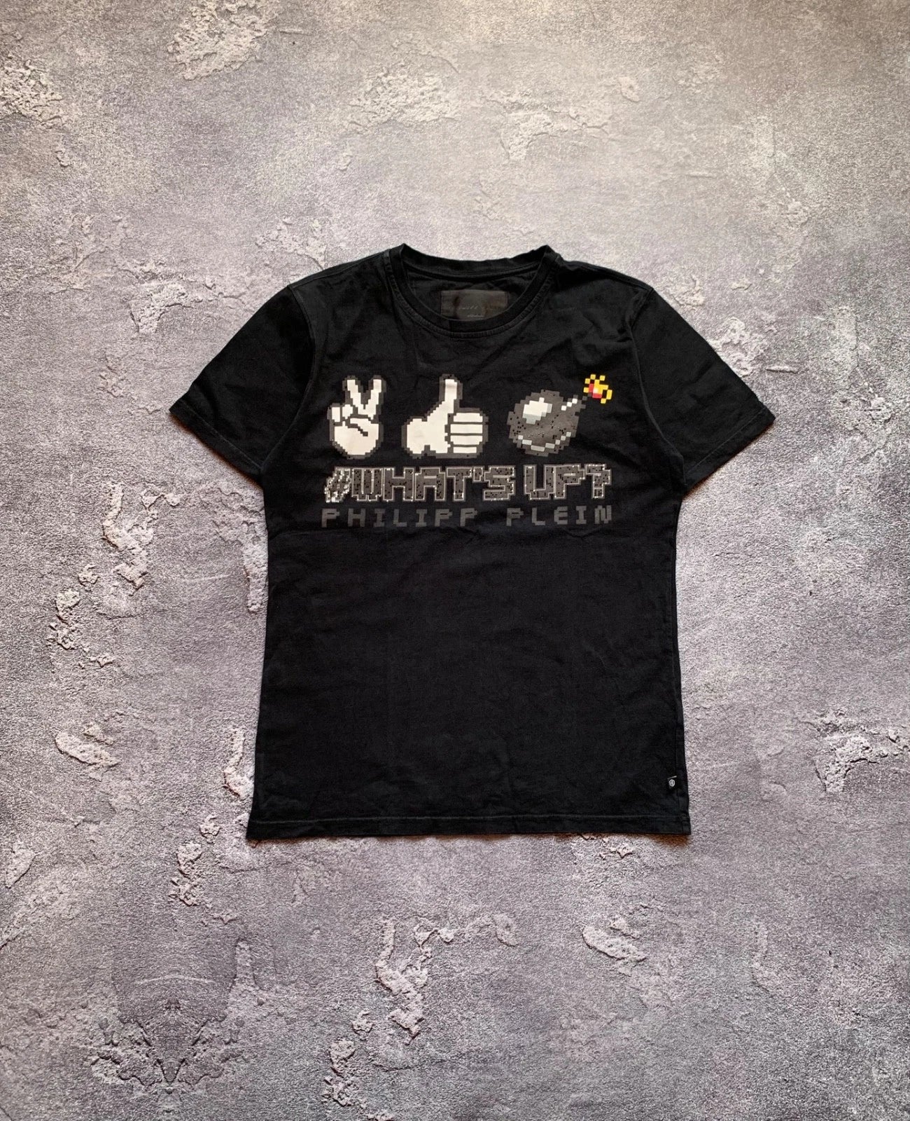 PHILIPP PLEIN Authentic Men's Black T-Shirt "What's Up?"Pixel Art Swarovski rare