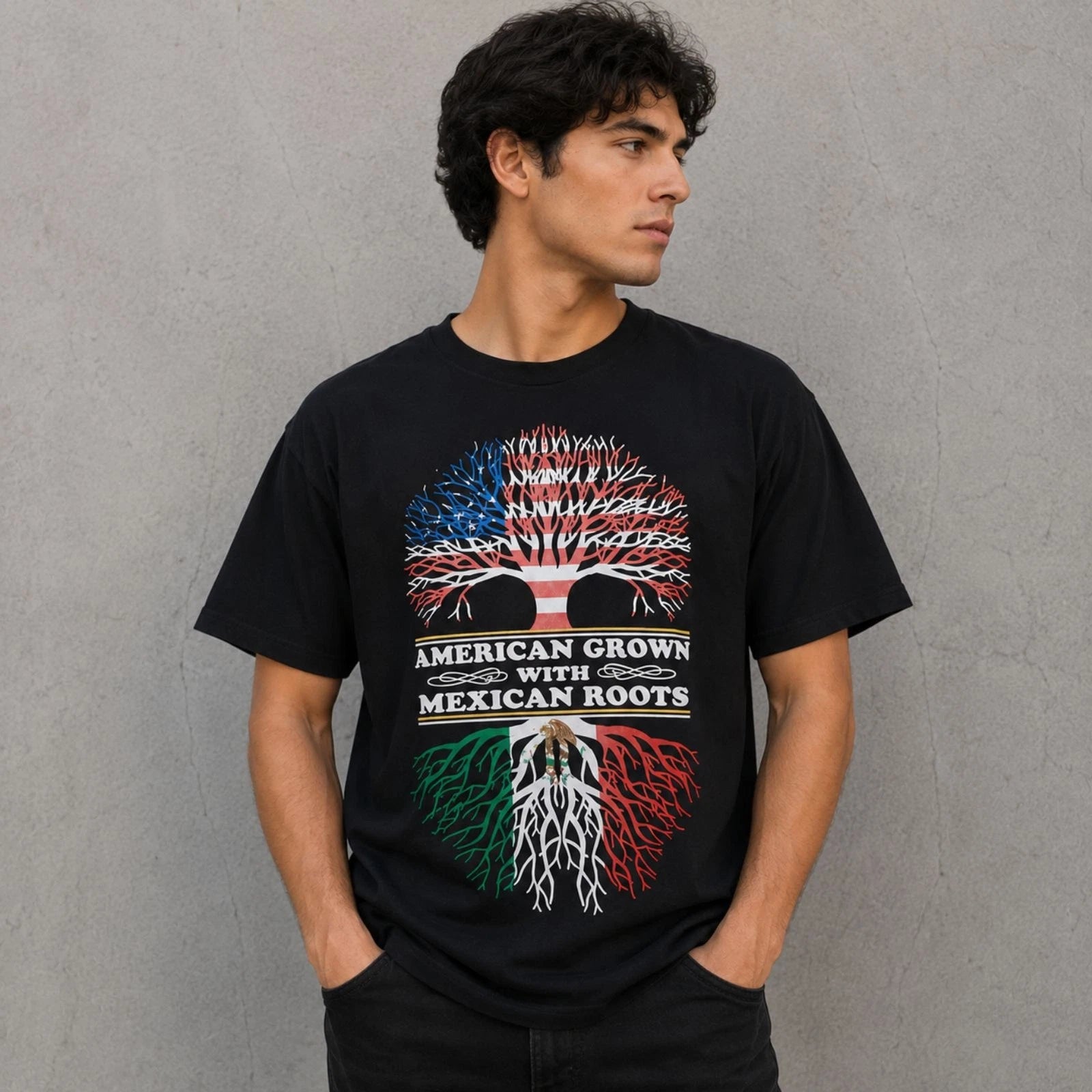Men Graphic T Shirt American Grown Mexican Roots Casual Black Size L