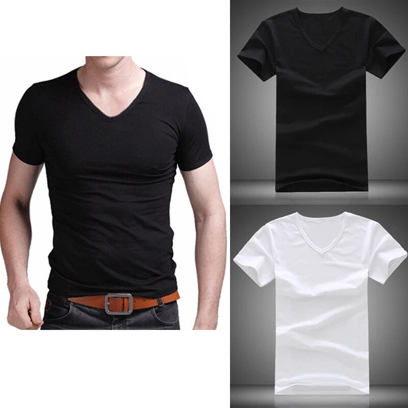 Men's Summer Cotton T-shirt Slim Fit V Neck Short Sleeve Casual Top Solid M-2XL