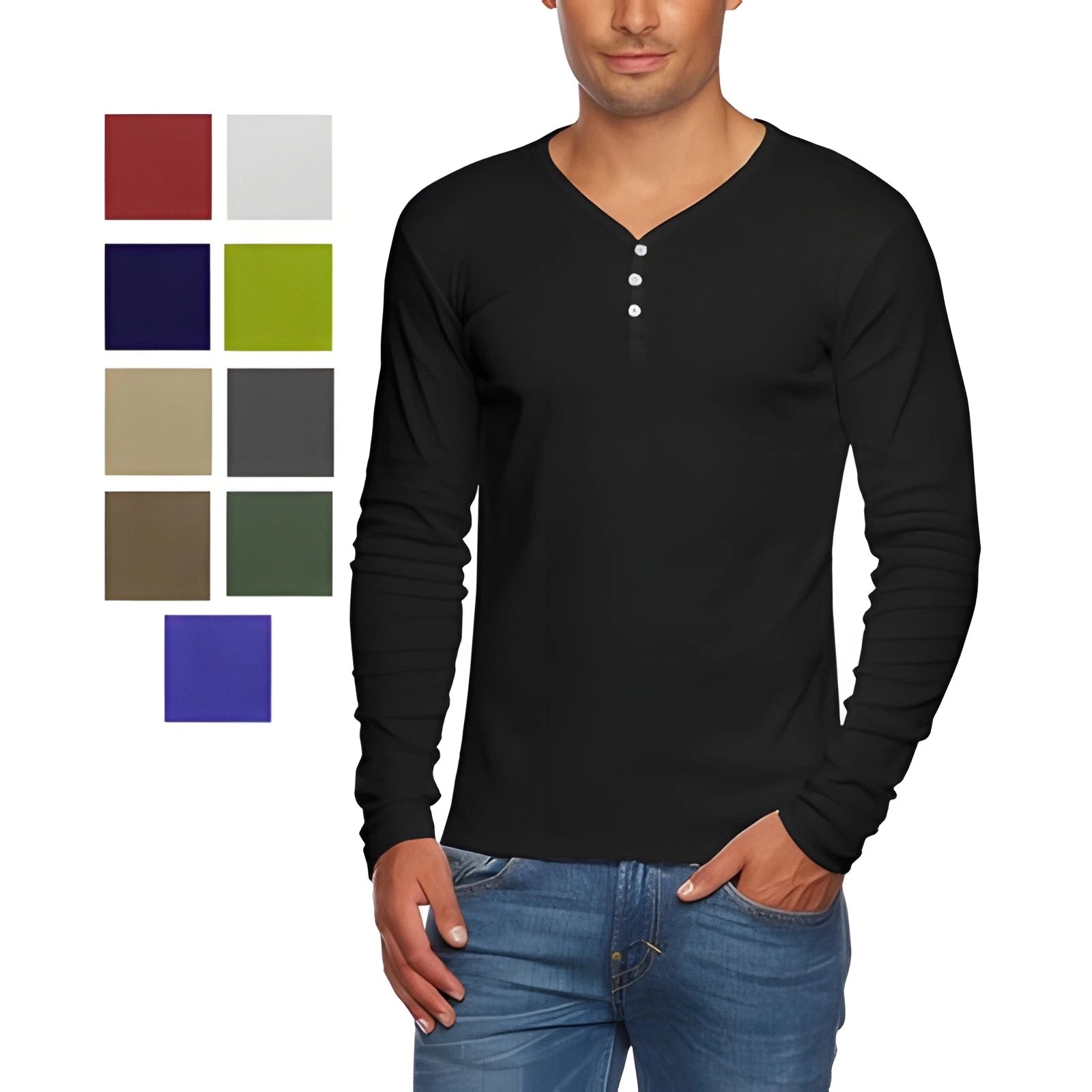 Alta Men's Slim Fit V Neck Long Sleeve Cotton T-Shirt 3 Button Opening