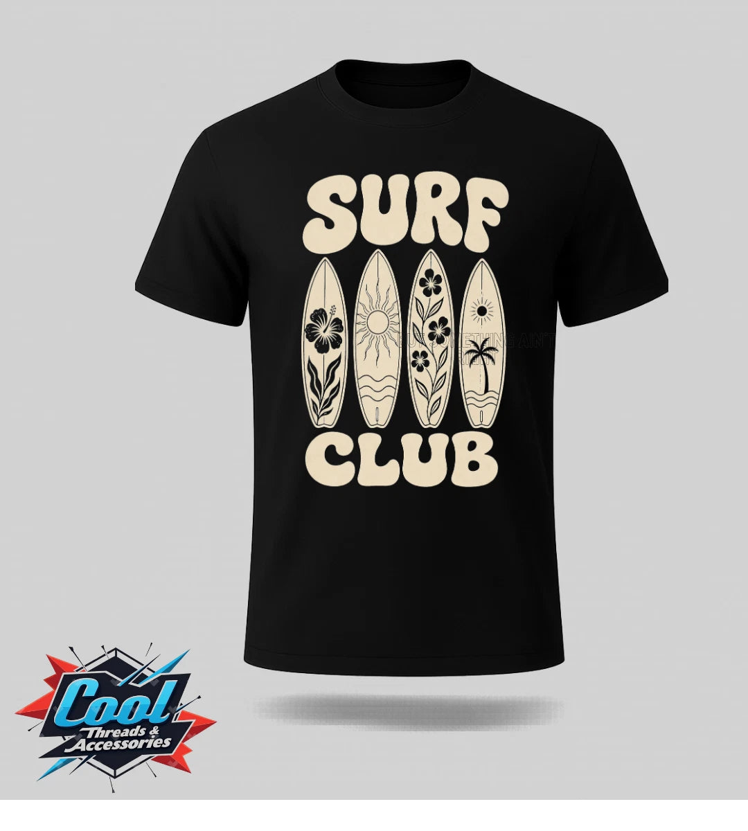 Cool Threads Unisex Surf Club Graphic Print T Shirt Black Retro Vintage