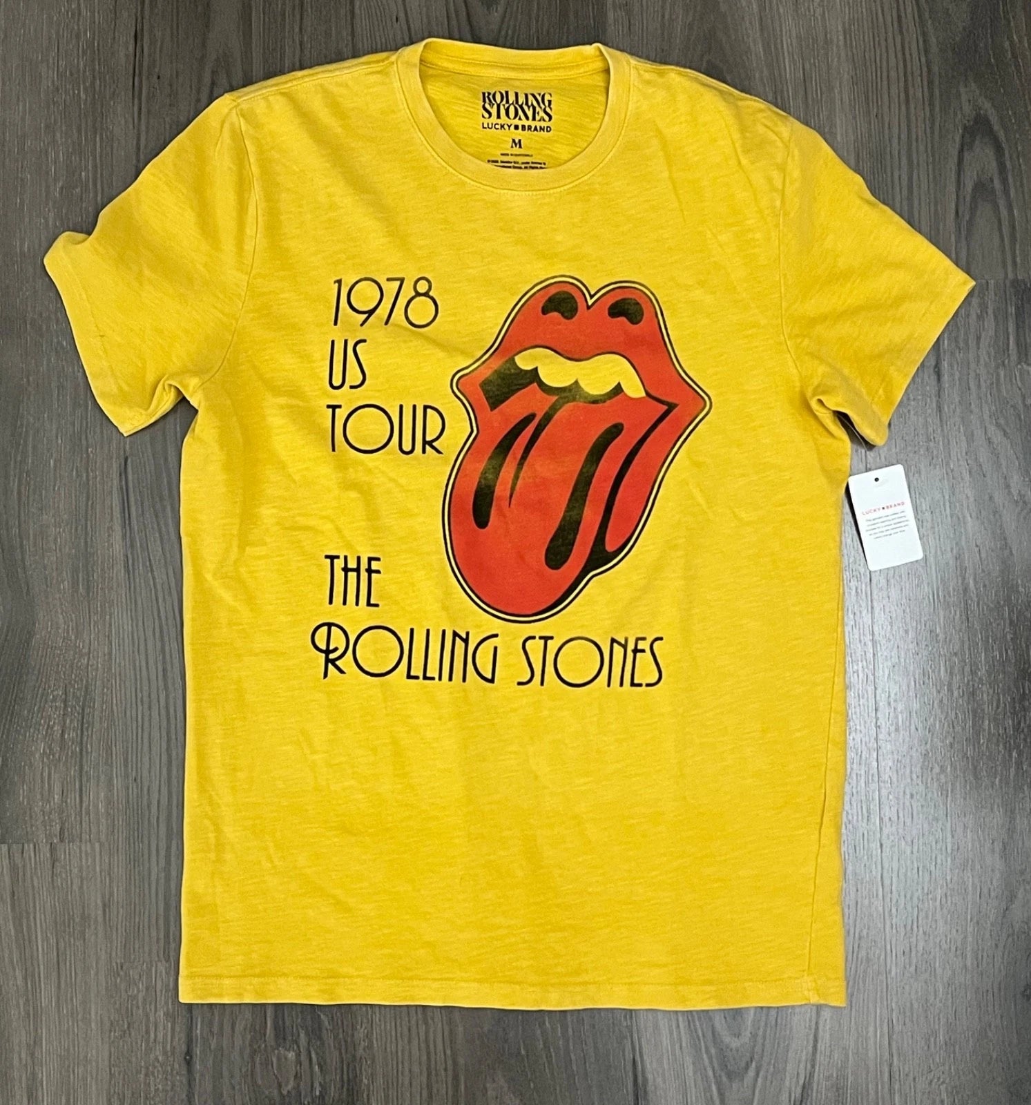 Lucky Brand Rolling Stones Shirt Mens Yellow Casual Tongue 78 M XL NWT