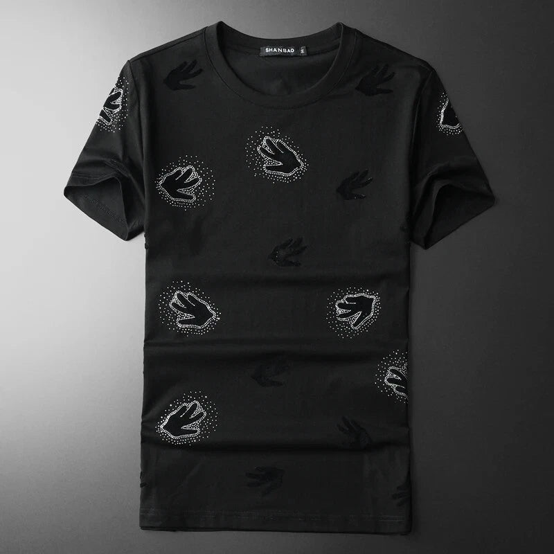 New Men Luxury Diamond Hands Rhinestones Fashion Black T-Shirt High Quality