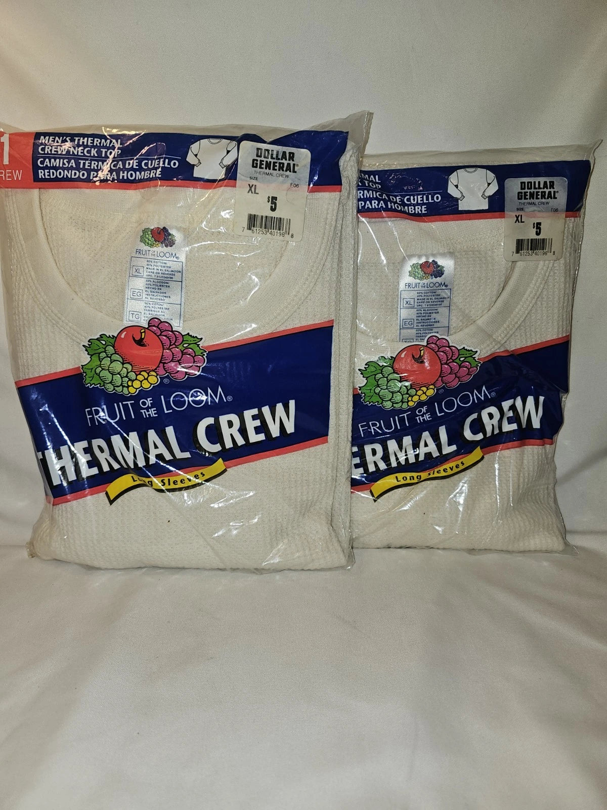 2 VTG Y2K Deadstock Fruit of The Loom Thermal Knit Crew Neck Shirt White SZ Xl