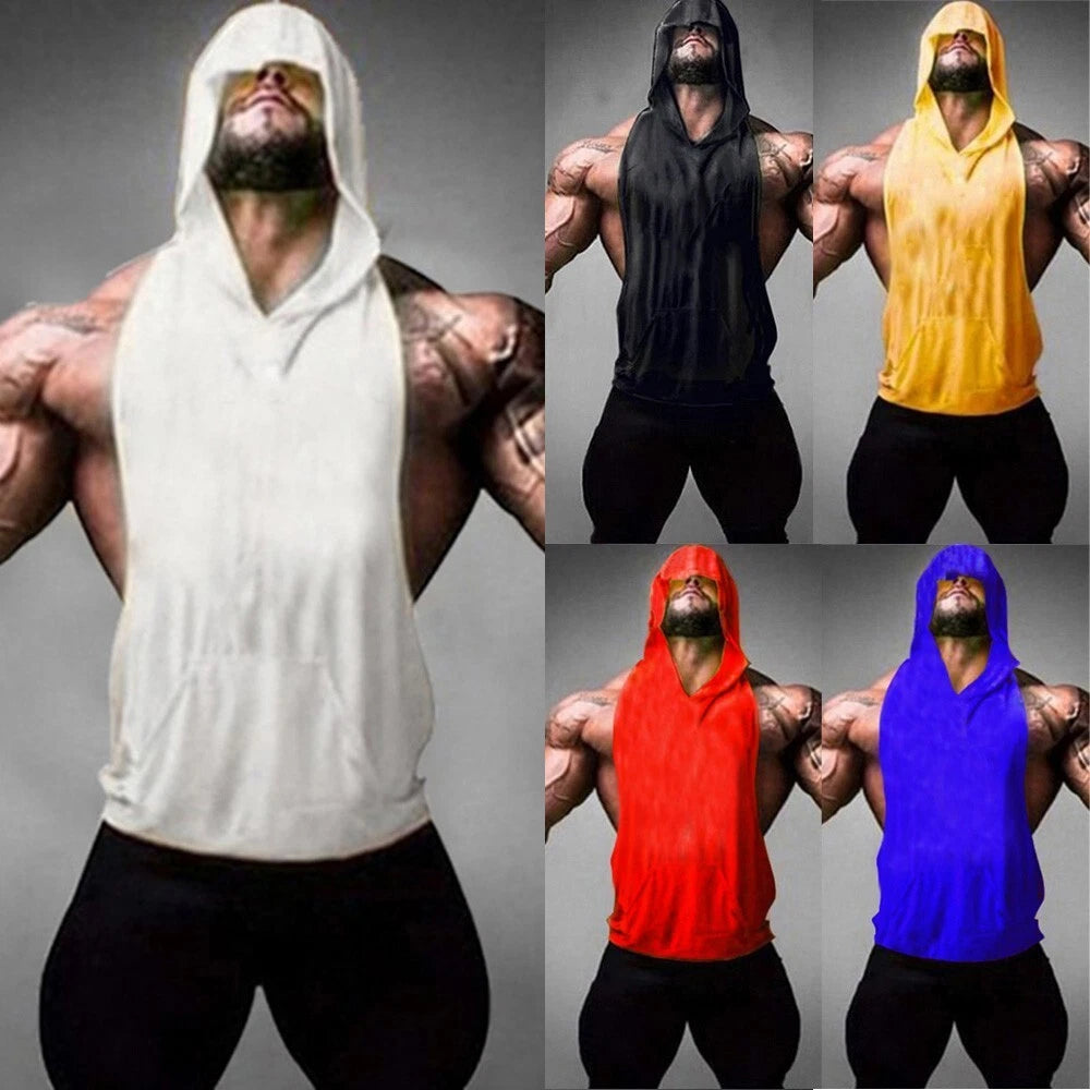 Mens Vest Gym Workout Hooded Sleeveless Casual Muscle Training Sweatshirt