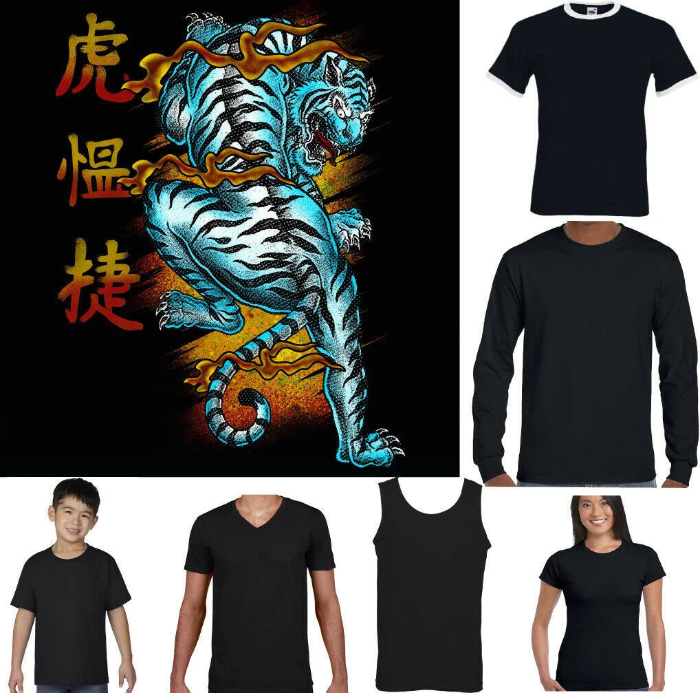 DRAGON T-SHIRT Mens Japan Japanese Oriental Inspired Writing Tiger Animal Unisex
