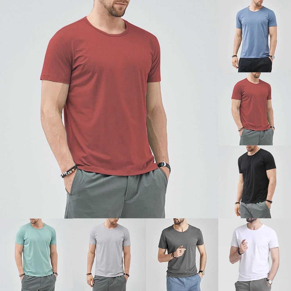 Men Slim Fit O-Neck T-Shirt Polyester Short Sleeve Casual Top Black White