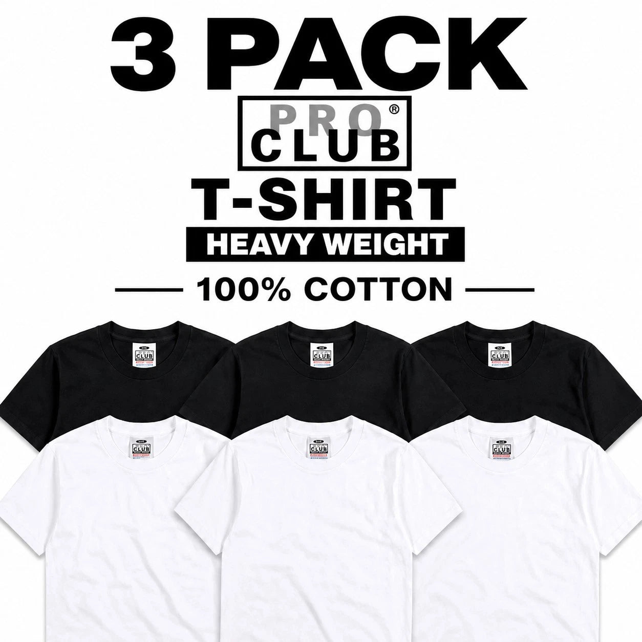 3 PRO CLUB T SHIRT HEAVYWEIGHT SHORT SLEEVE PLAIN 100% COTTON Black Or White