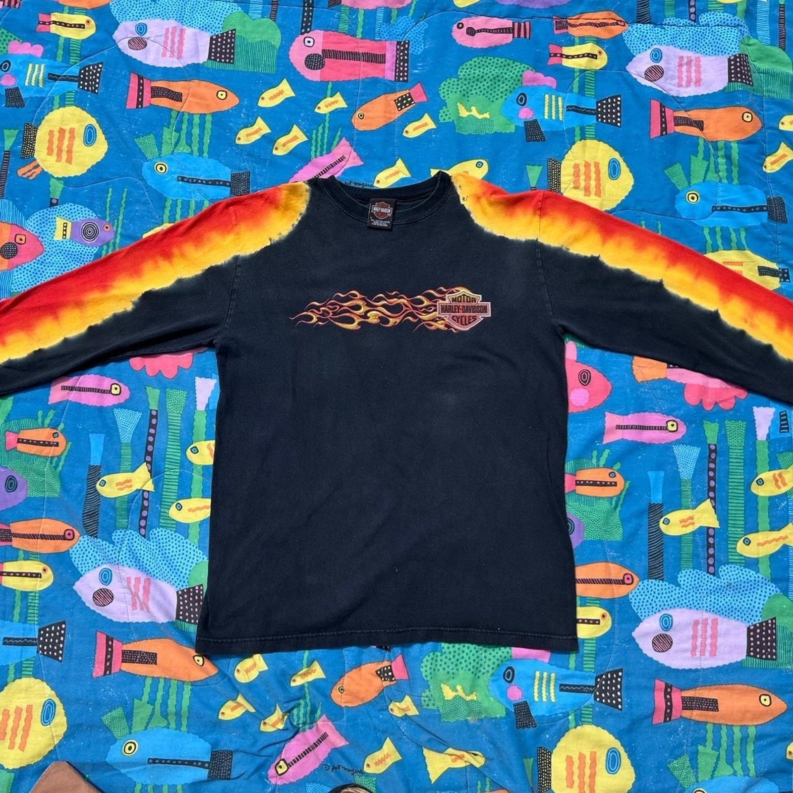 2001 Harley Davidson Bloomington, IN Tie-Dye Flame Long Sleeve T-shirt Men's M