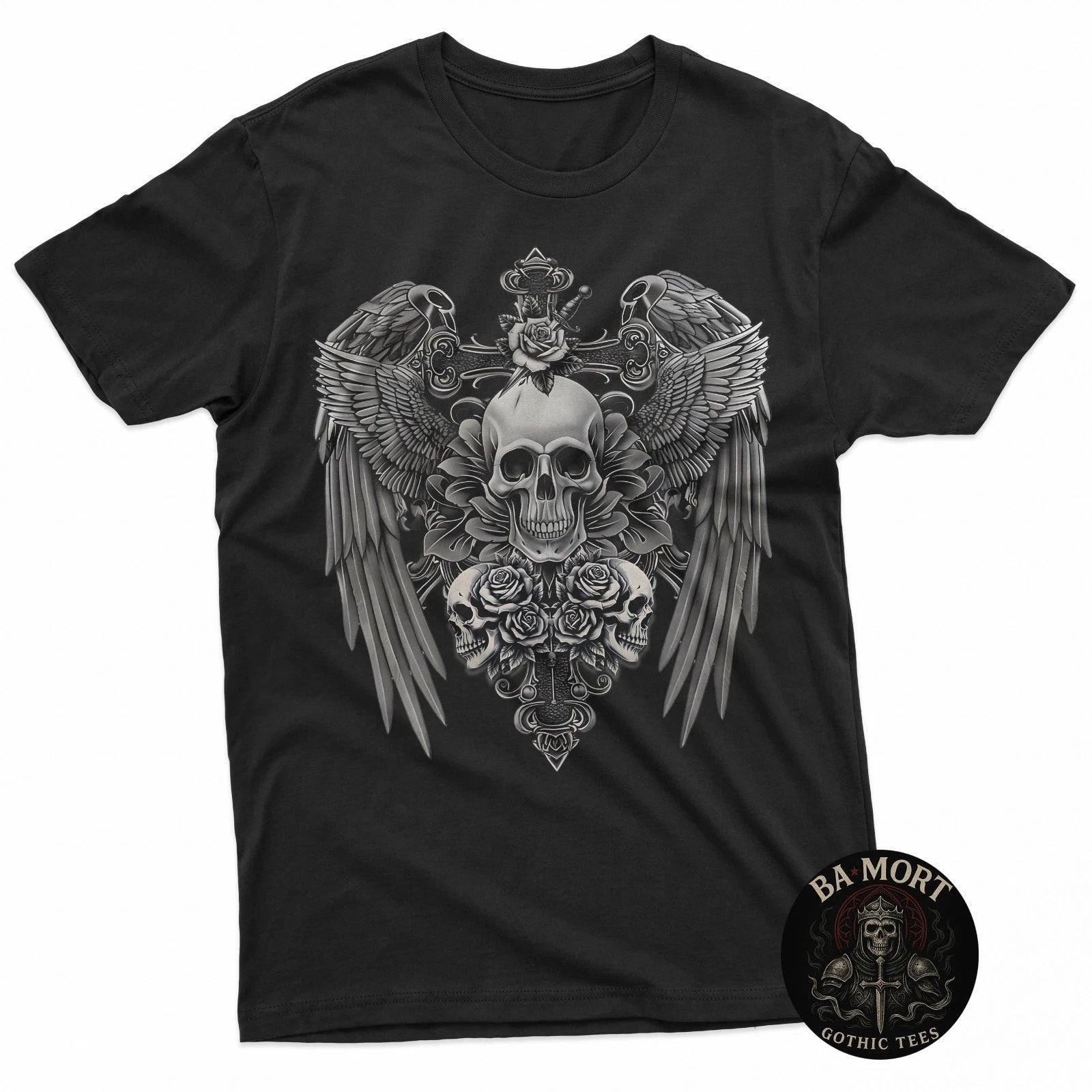 Funny Y2K Grunge Aesthetic Wings Alt Goth Skull Cross Gothic T-Shirt
