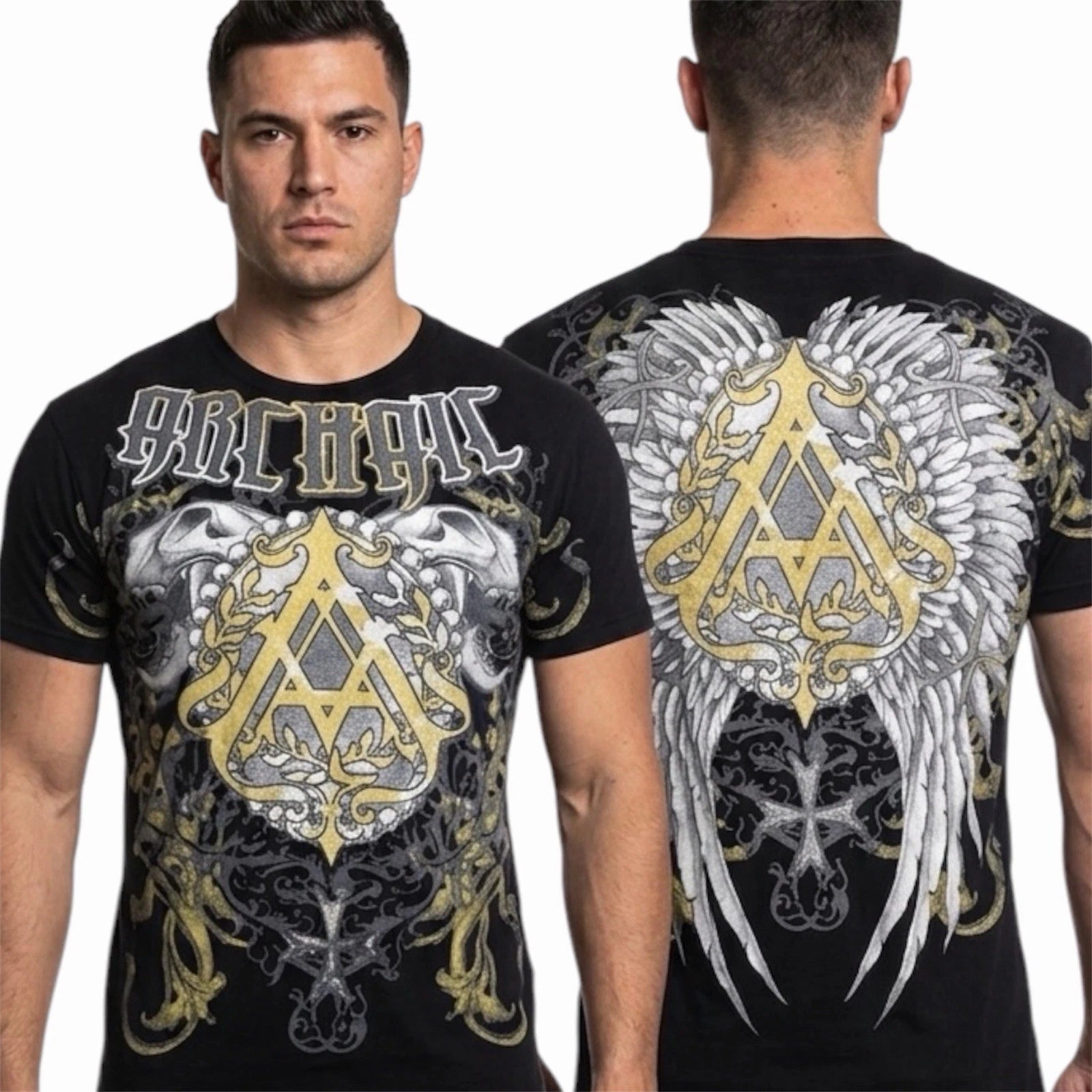 ARCHAIC by AFFLICTION Black CELLAR WINGS Short Sleeve Slim Fit Y2K T-shirt NWT