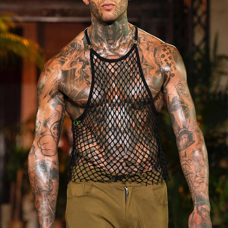 Sexy Slim Hollowed Out Fishnet Vest Men's Loose Suspender T Shirt Tank Top Tees