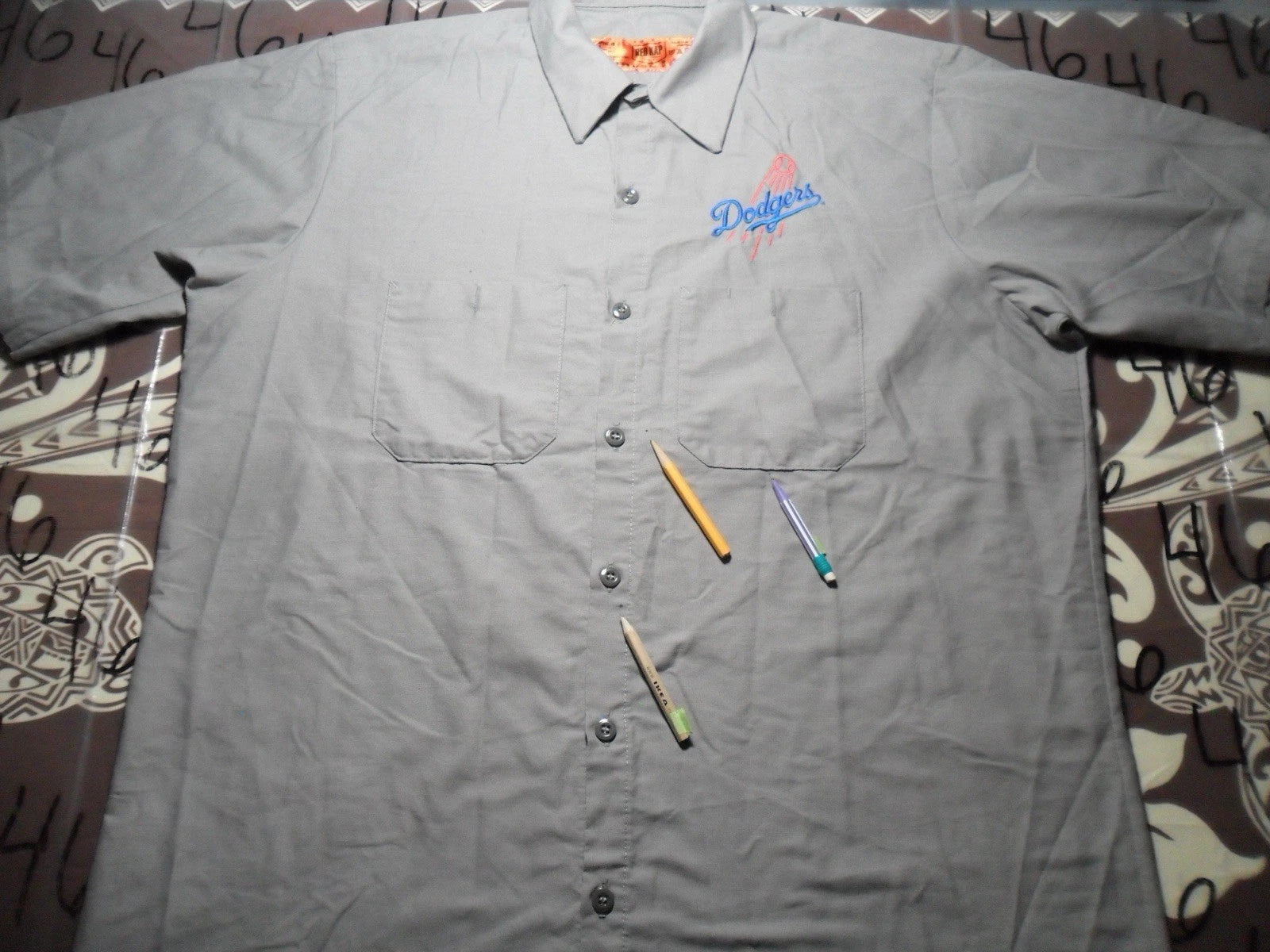 Large Dodgers Redcap Workwear Light Gray Button Damaged Shirt