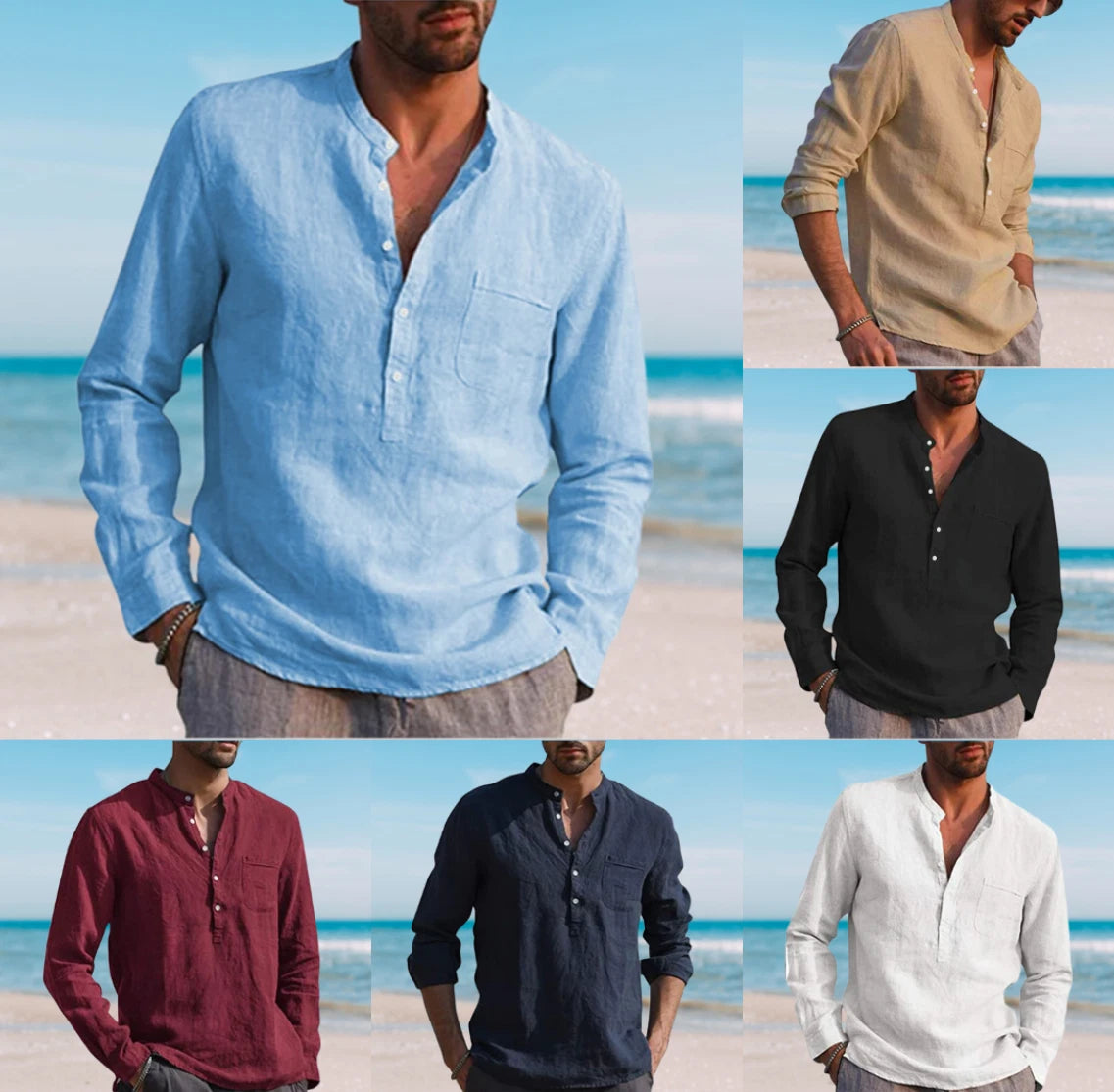 Shirt Men's Long Sleeve Button-Up T-shirt Cotton Linen Casual Summer Polo *SALE*