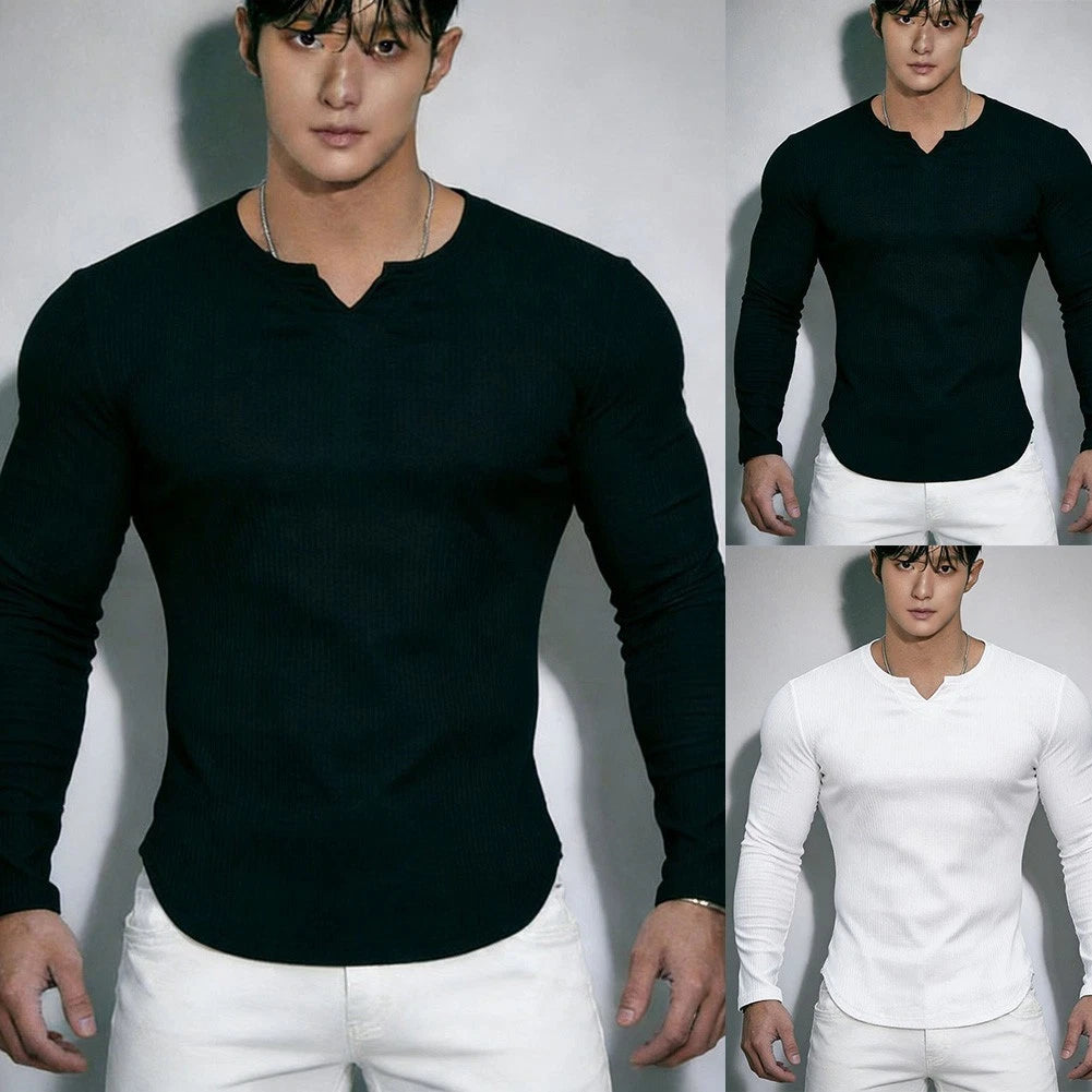 V Neck Long Sleeve Men Slim Fit Athletic Tee Top for Workout and Streetwear