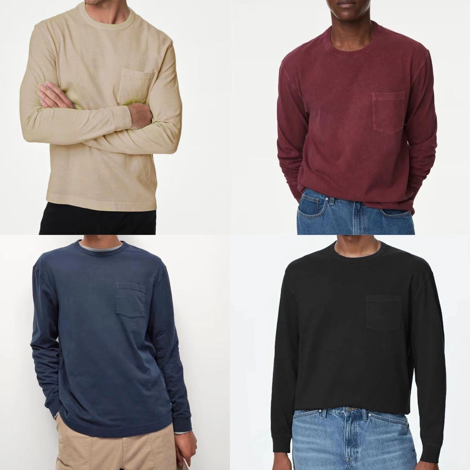 Ex M&S Mens Cotton Dyed Long Sleeve T-shirt Top Crew Neck with Pocket
