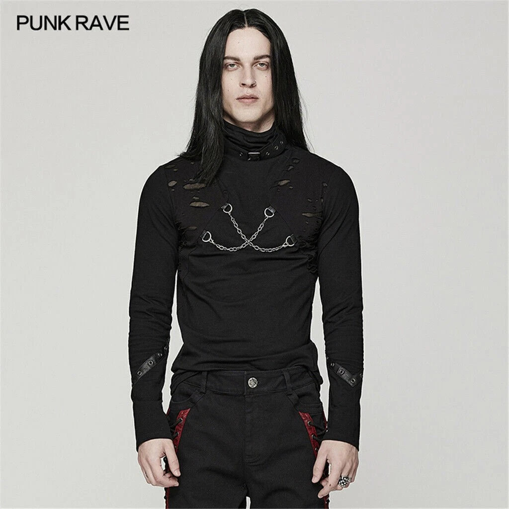 Punk Rave Men Long Sleeve Top Punk Gothic Street Style Broken Hole Slim T-Shirt