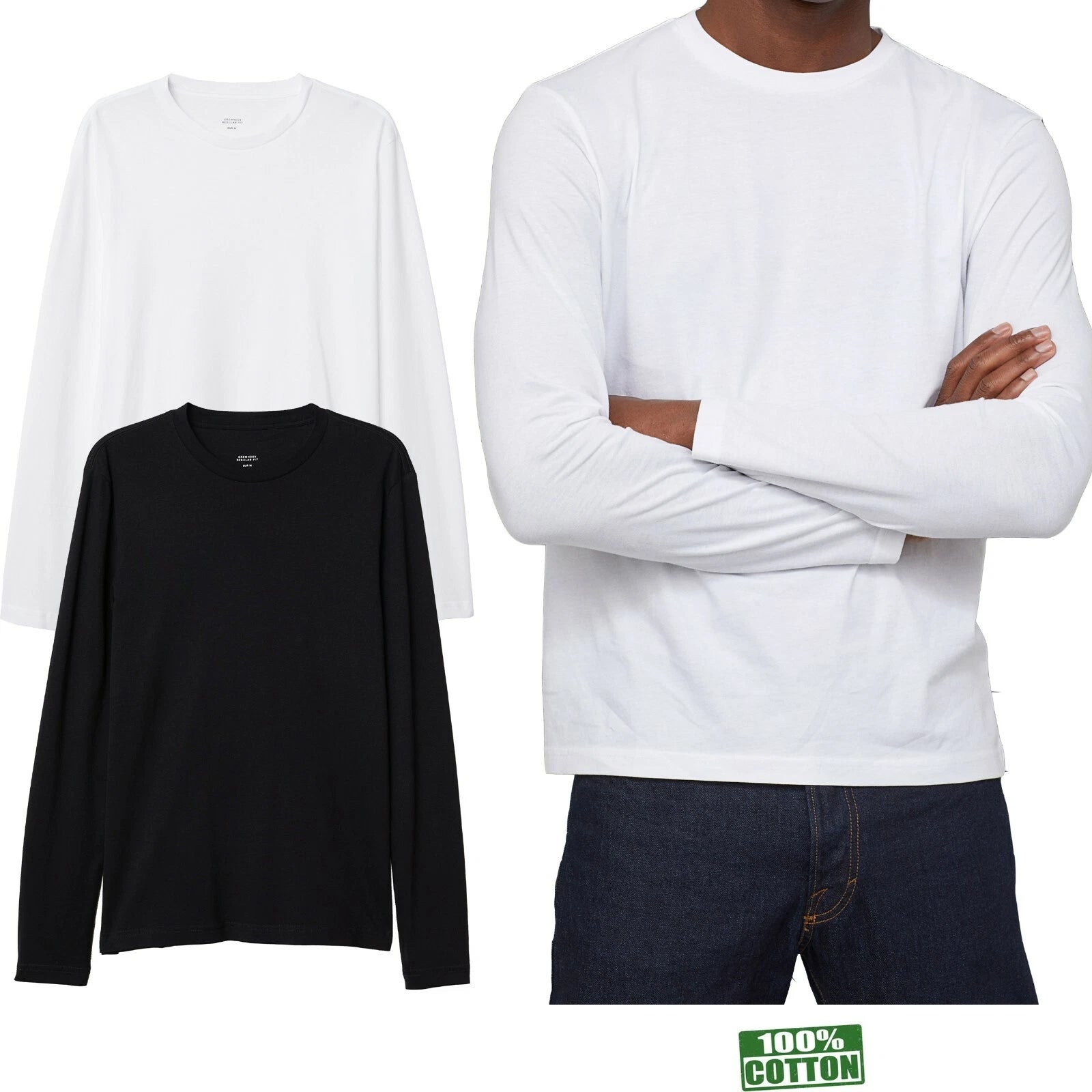 2's Pack Mens  Long Sleeve T-shirt 100% Cotton Plain Premium Lightweight Tee