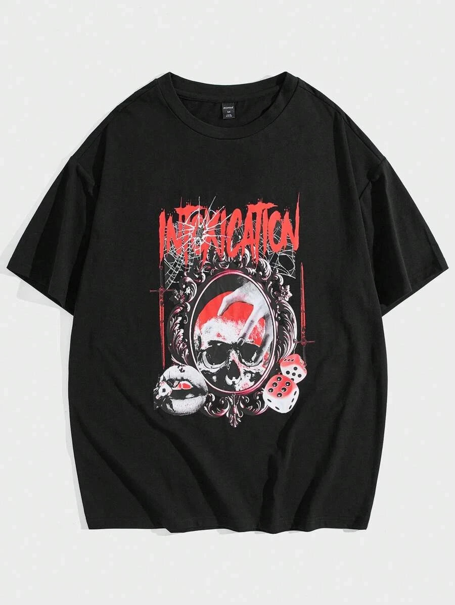 Guys Skull & Letter Graphic Tee – Edgy Streetwear T-Shirt, Dark Aesthetic Casual