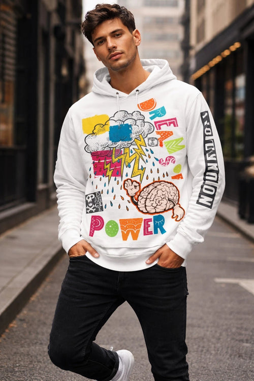 #1073 Create 2MRW White Hooded Long Sleeve Shirt  Streetwear, Small