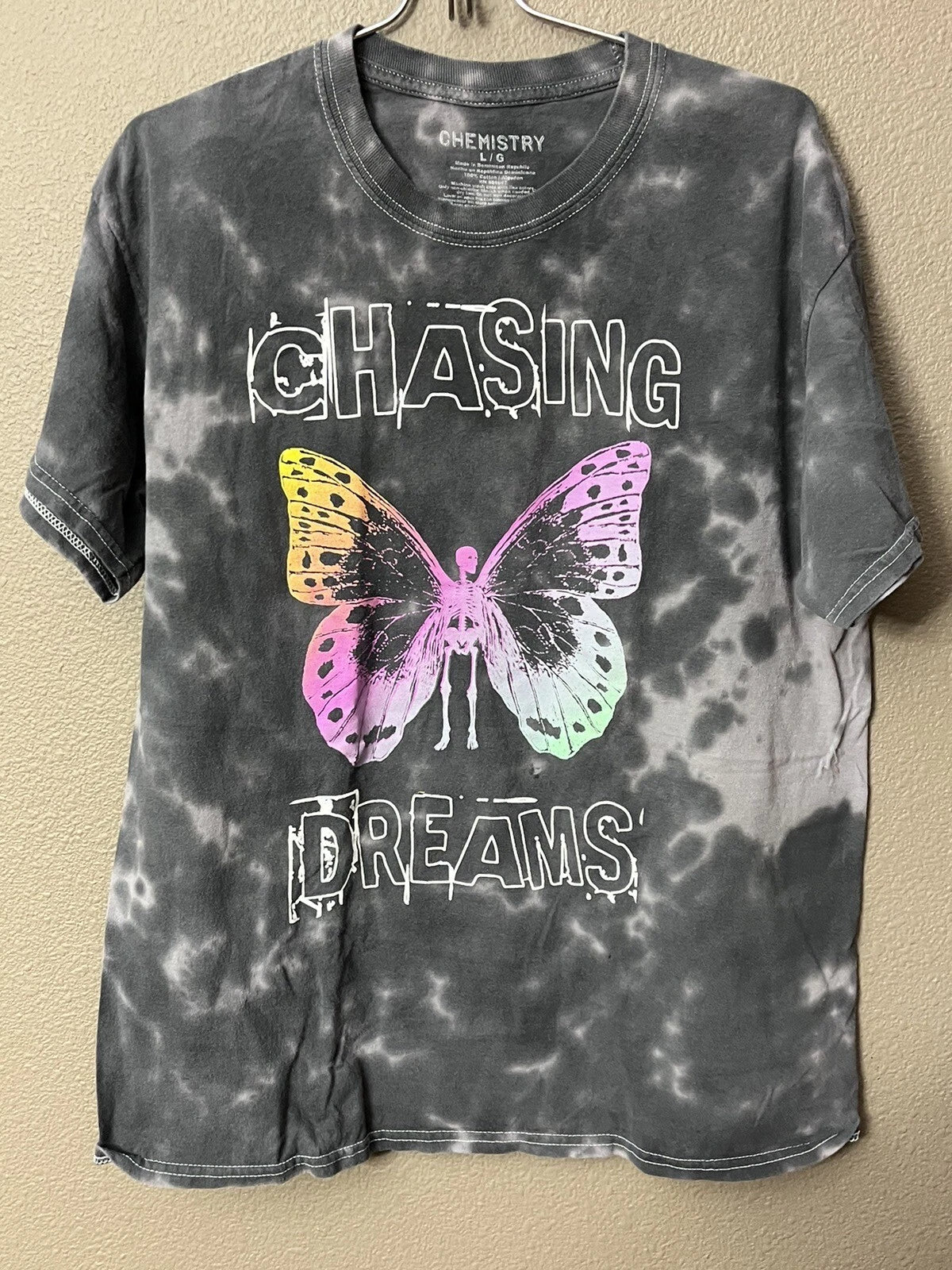 CHEMISTRY Pink Butterfly T-Shirt Adult Size Medium LG Black Tie Dye Aesthetic